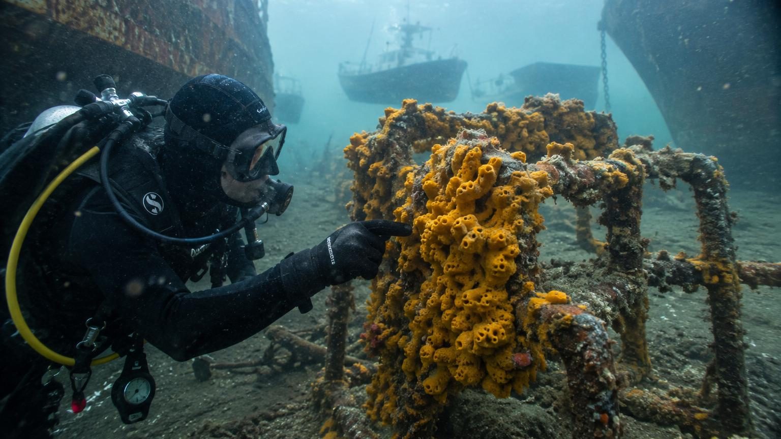 Petite éponge jaune orangé attachée à une structure métallique sous l'eau trouble d'un port, entourée de microplastiques et de débris industriels flottants