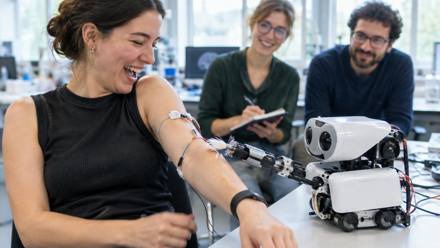 Un robot blanc et gris nommé Hector simule une chatouille contrôlée sur la plante des pieds d'une personne allongée, capteurs et écrans en arrière-plan