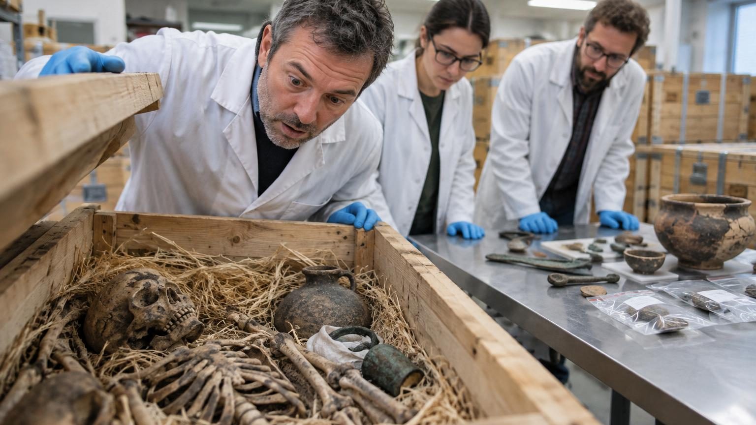 Caisses archéologiques anciennes rouvertes contenant céramiques noires, sceaux et ossements humains datant de plusieurs millénaires, préservés dans les réserves d'une université indienne.