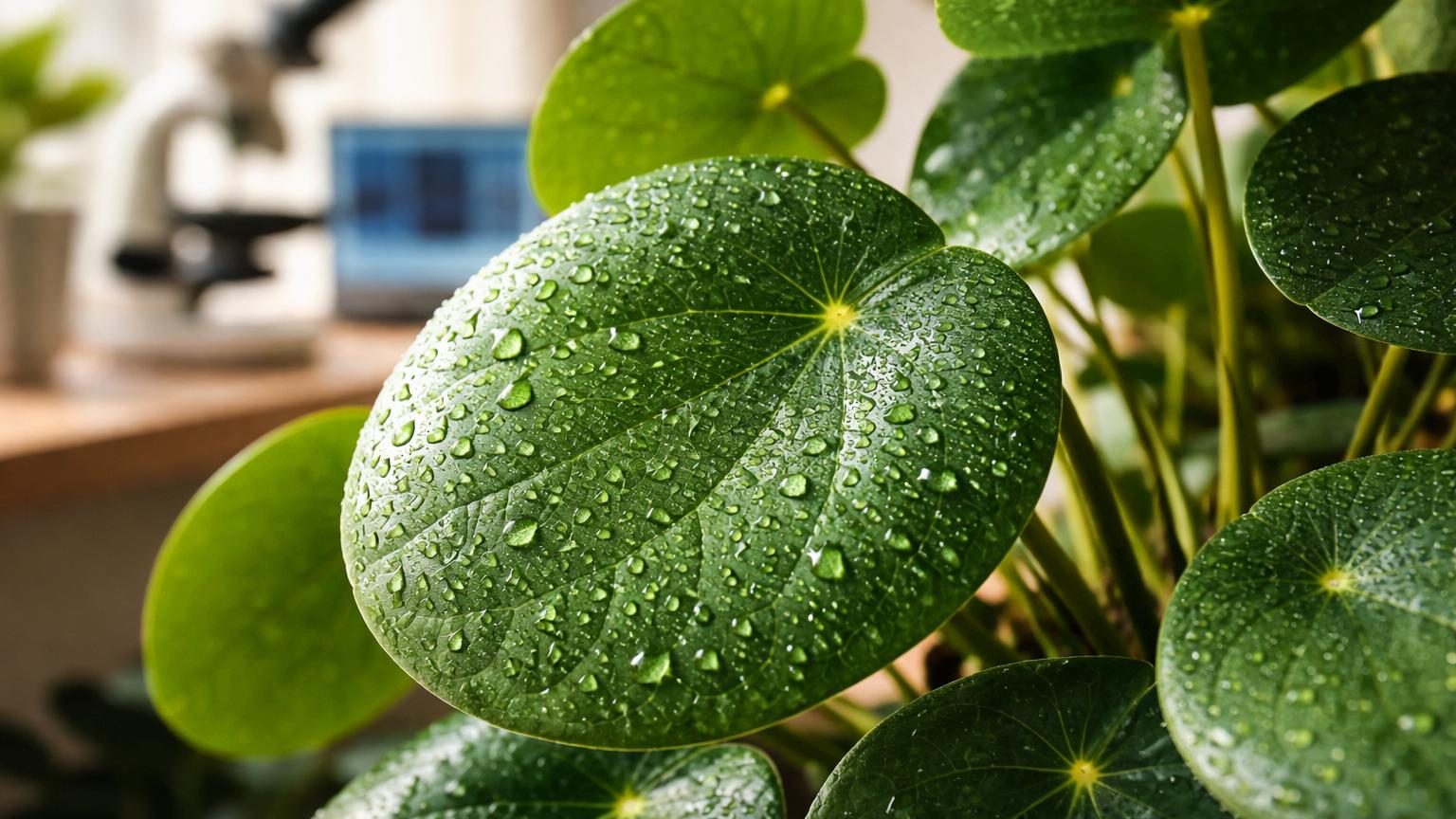 Feuilles circulaires vert clair du pilea peperomioides avec une superposition de diagrammes géométriques illustrant les zones de Voronoï autour des estomates.