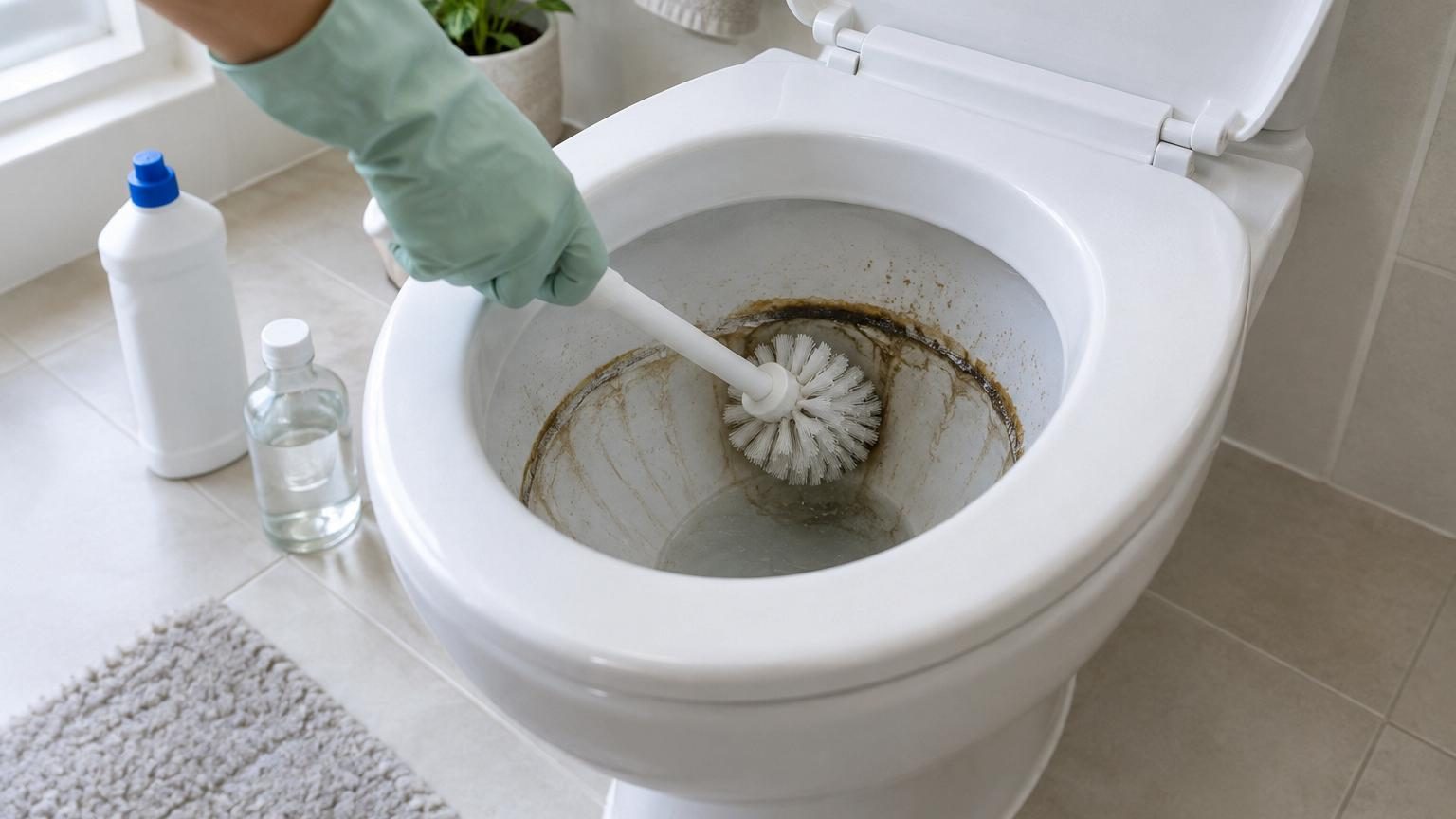 Cuvette de toilettes avec un anneau sombre visible à la ligne d'eau, une brosse de toilettes et un flacon de vinaigre blanc positionnés à côté pour le nettoyage