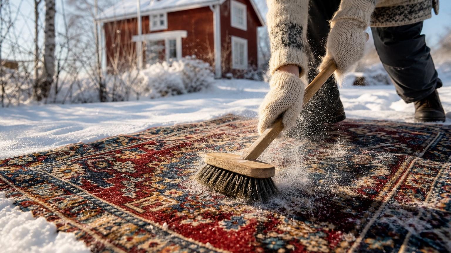Un tapis de laine rouge foncé posé dans la neige fraîche d'un jardin hivernal, légèrement brossé, dans un décor nordique minimaliste.