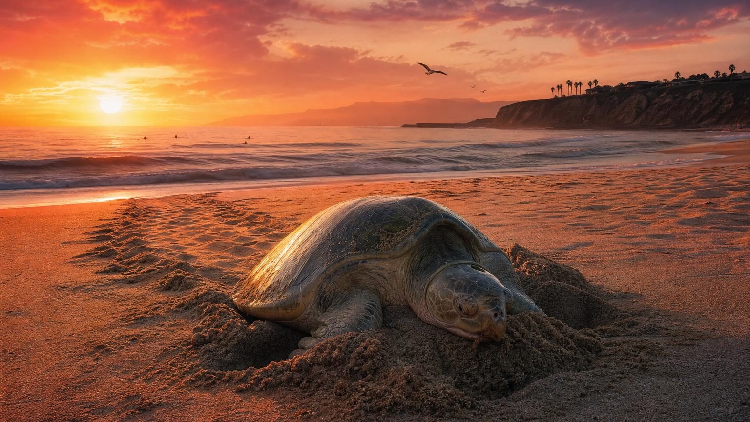Une tortue tropicale creuse lentement le sable sur une plage déserte de Californie au lever du jour, ses traces de nageoires visibles dans le sable humide avant qu'elle ne se retourne vers l'océan.