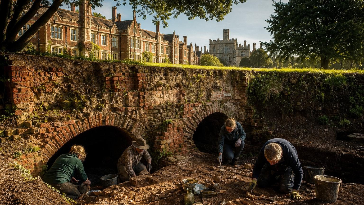 Vue de passages souterrains en briques voûtées découverts sous une école anglaise, avec fragments de poterie ancienne et objets Tudor