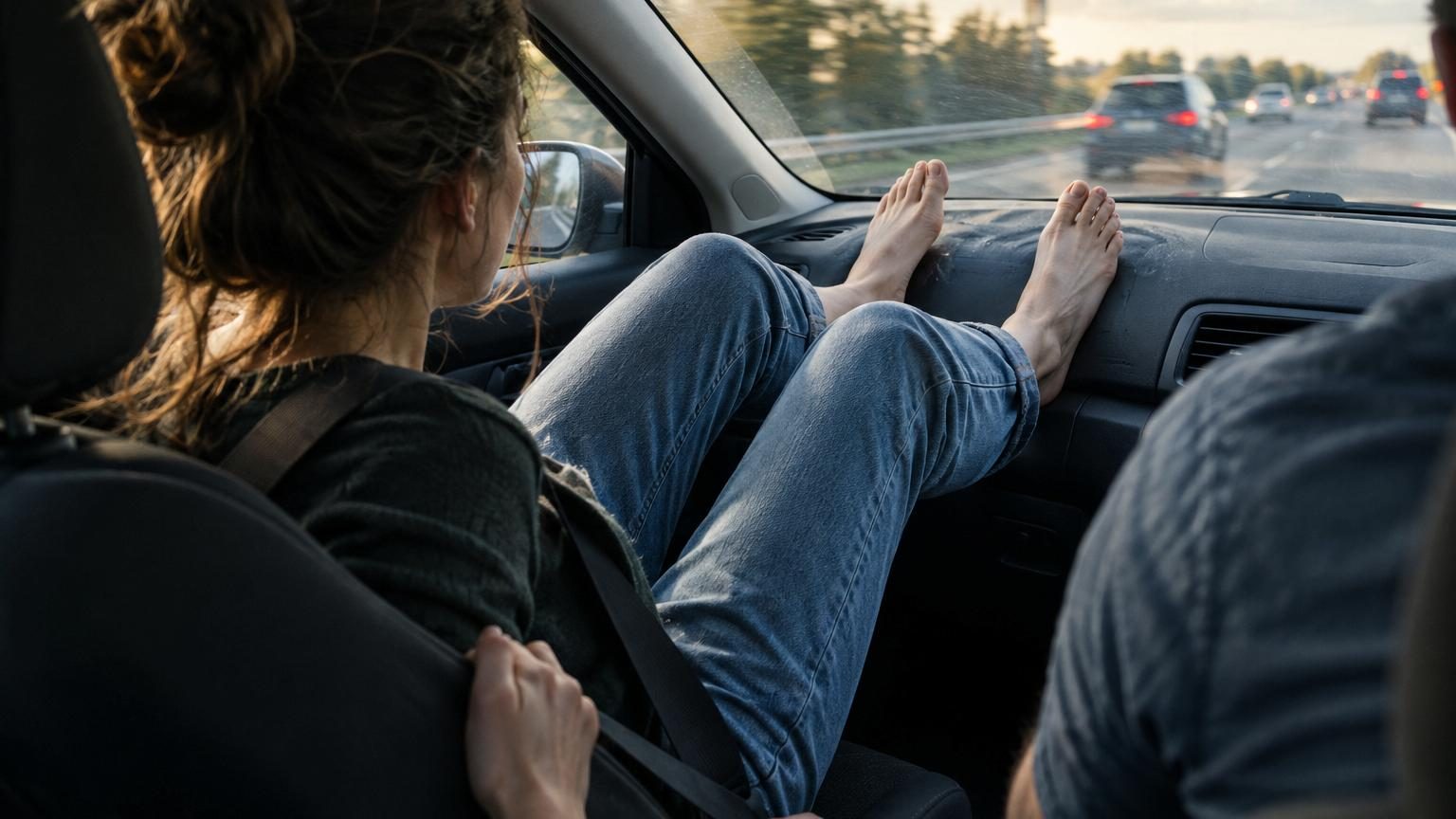 Passagère assise dans une voiture avec les pieds reposant sur le tableau de bord, posture dangereuse en cas de freinage brutal.