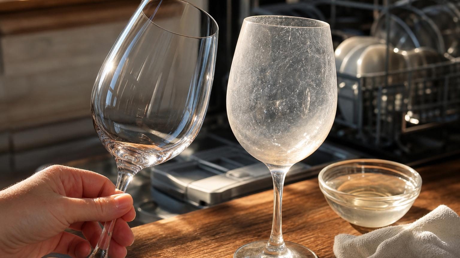 Des verres sortant d'un lave-vaisselle avec un voile blanc opaque recouvrant leur surface, révélant des traces de calcaire ou de corrosion chimique sur la lumière