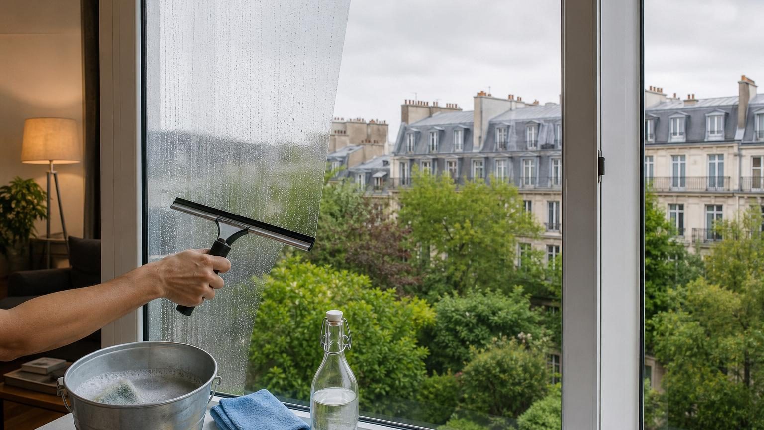Personne nettoyant une vitre à l'aide d'une raclette et d'une éponge, avec un seau d'eau savonneuse et un chiffon en microfibres à proximité.