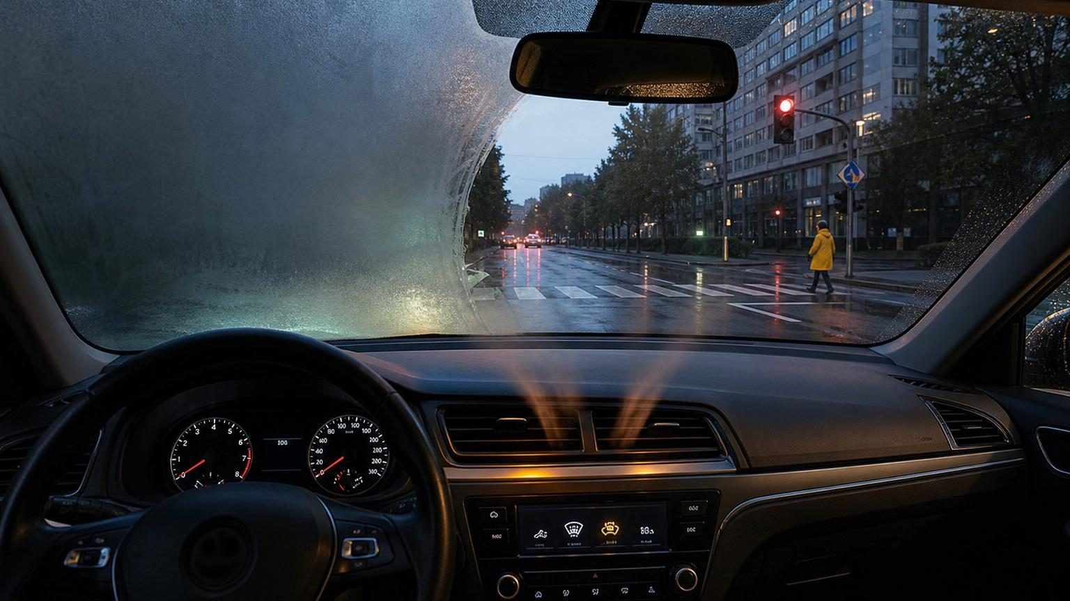 Intérieur d'une voiture avec un pare-brise embué le matin, un gobelet de café chaud sur le tableau de bord et le conducteur réglant la ventilation pour désembuer rapidement.
