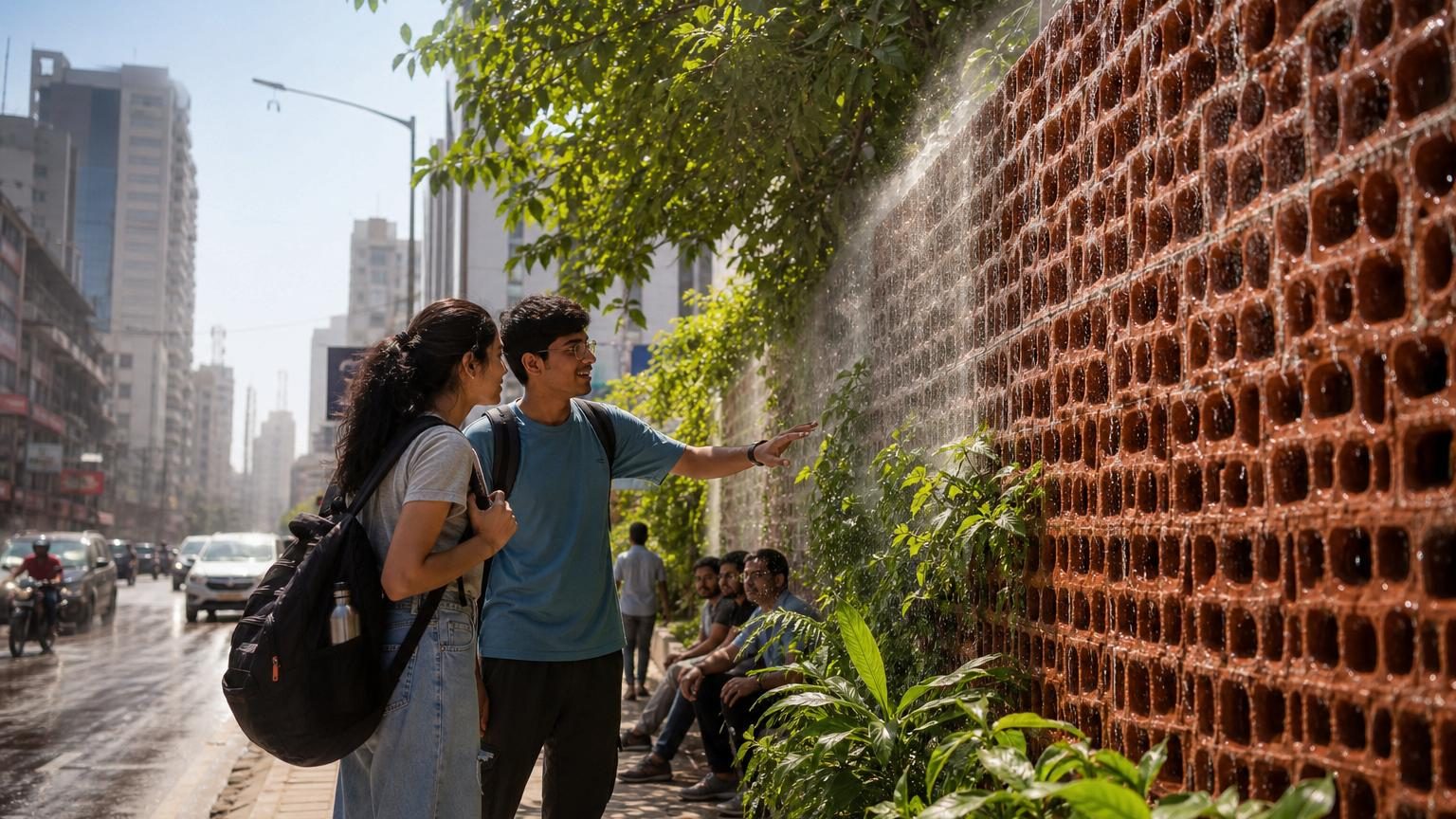 Gros plan sur une brique poreuse avec canaux, mouillée d'eau, posée sur une façade urbaine sous le soleil de l'après-midi.