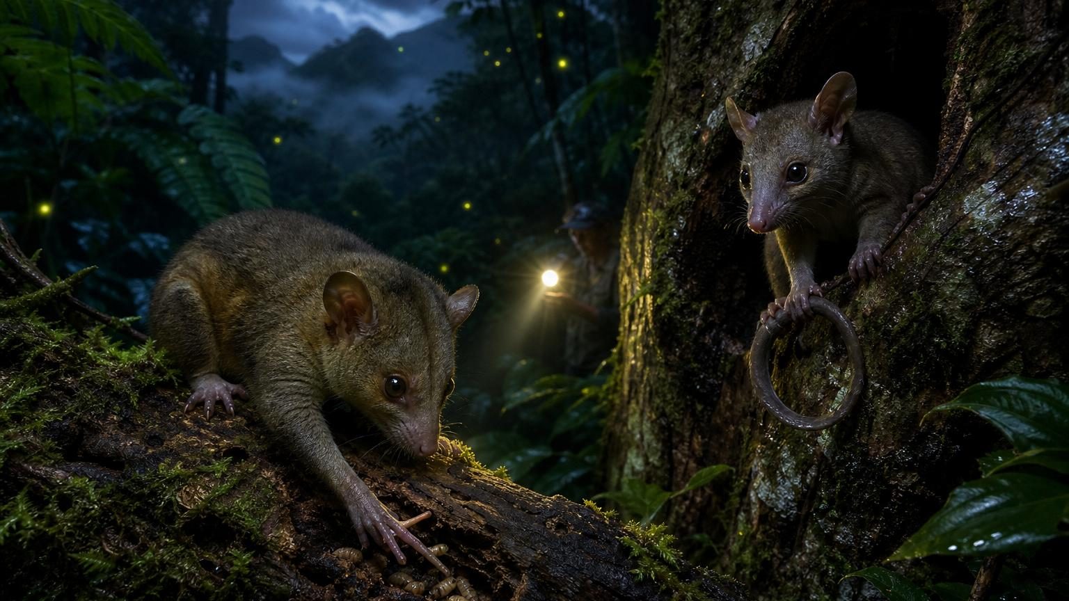 Illustration de deux marsupiaux arboricoles, l'un aux doigts allongés fouillant du bois, l'autre à queue préhensile, vivant parmi les grands arbres anciens d'une forêt tropicale dense de Nouvelle-Guinée