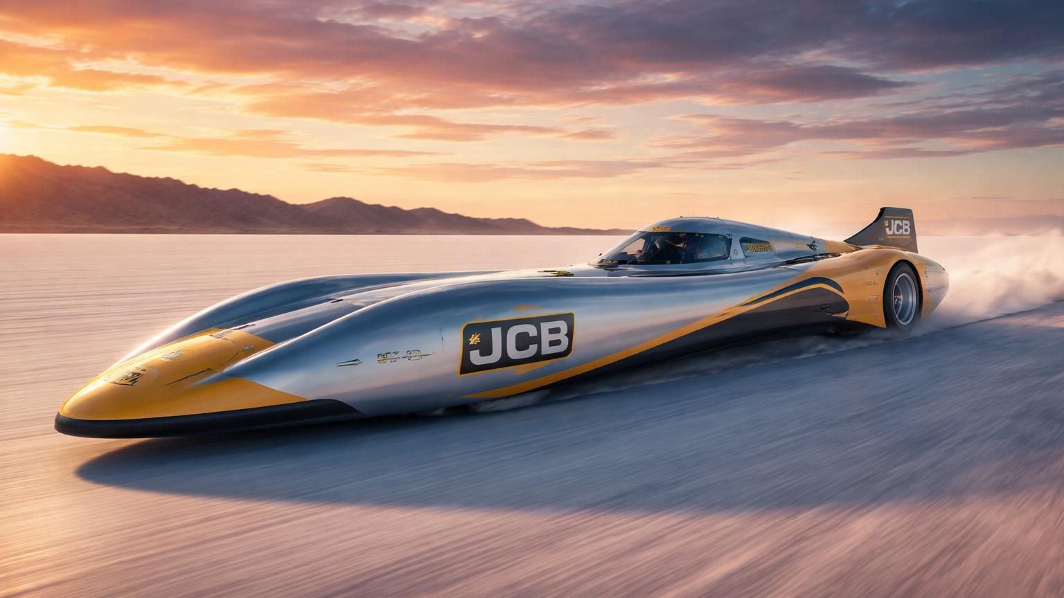 Prototype fuselé JCB Hydromax blanc et noir en accélération sur le lac salé blanc de Bonneville, entouré de montagnes désertiques, avec carénages aérodynamiques et pneus larges fermés.