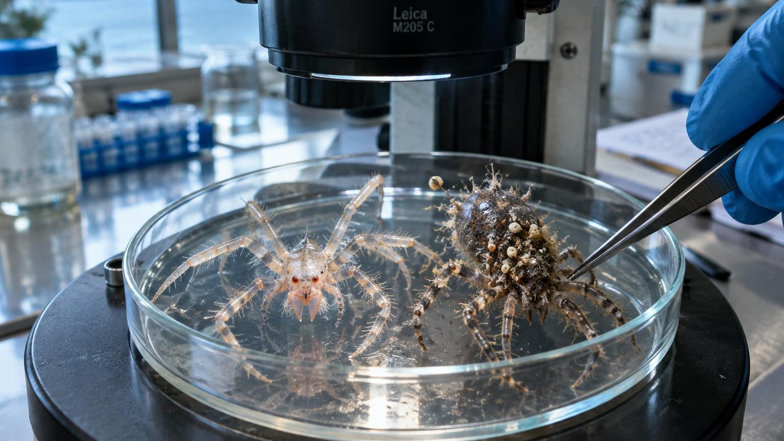 Deux nouvelles espèces d'araignées de mer découvertes : l'une a trois lèvres et des yeux rouges, l'autre grouille de parasites microscopiques