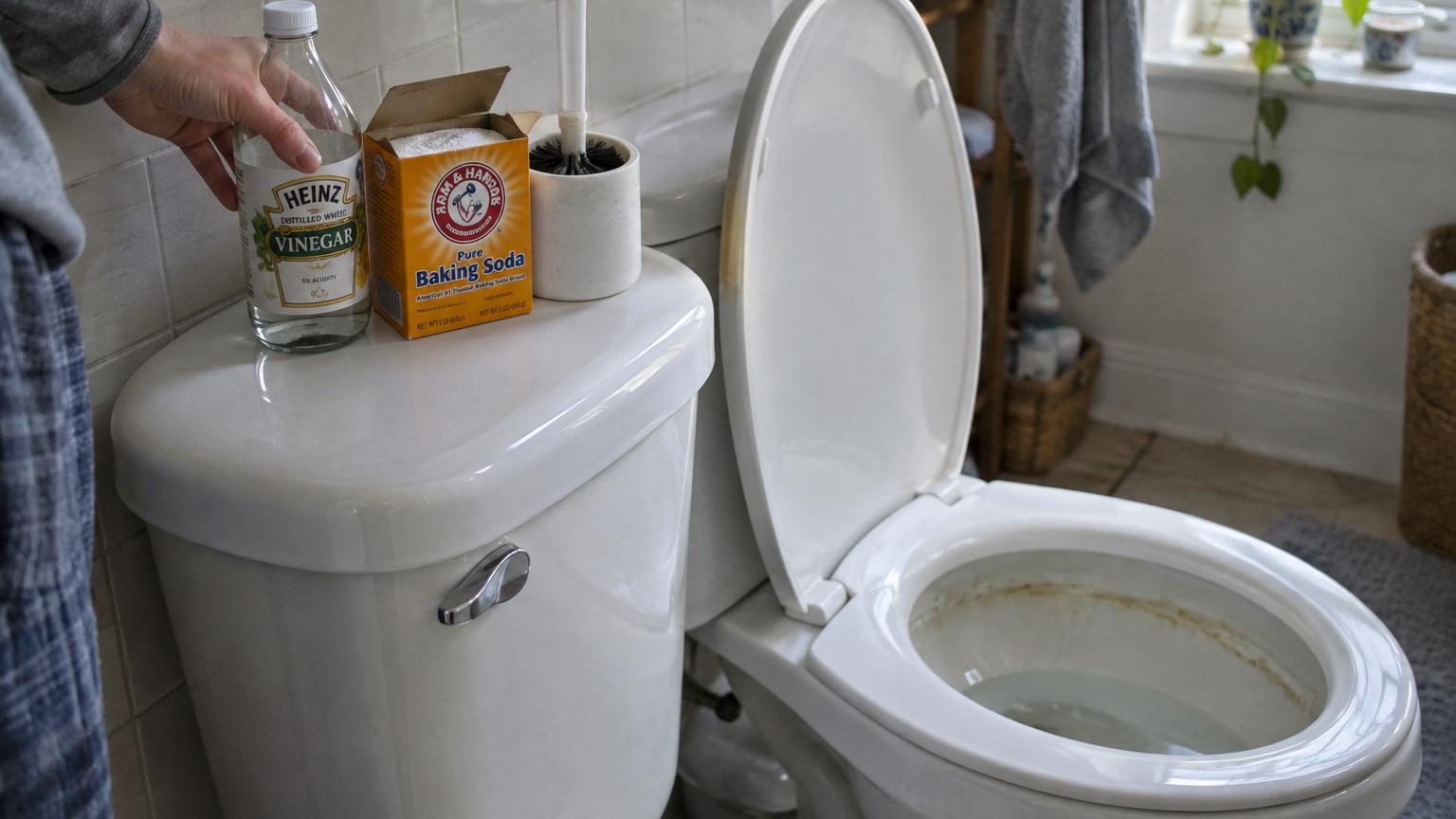 Cuvette de toilettes blanche avec une brosse rigide posée à côté, un verre rempli de vinaigre blanc et une cuillère de bicarbonate de soude sur le rebord
