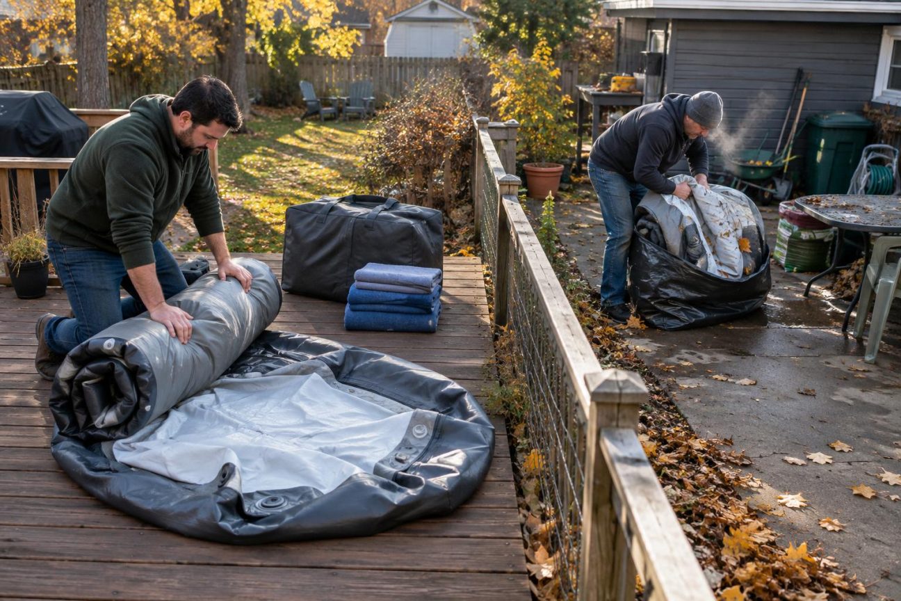 Deux bassins spa gonflables gris encore tièdes en fin d'automne, l'un étant plié soigneusement et l'autre rangé sans soin, sur un trottoir avec des feuilles mortes et une terrasse en arrière-plan.