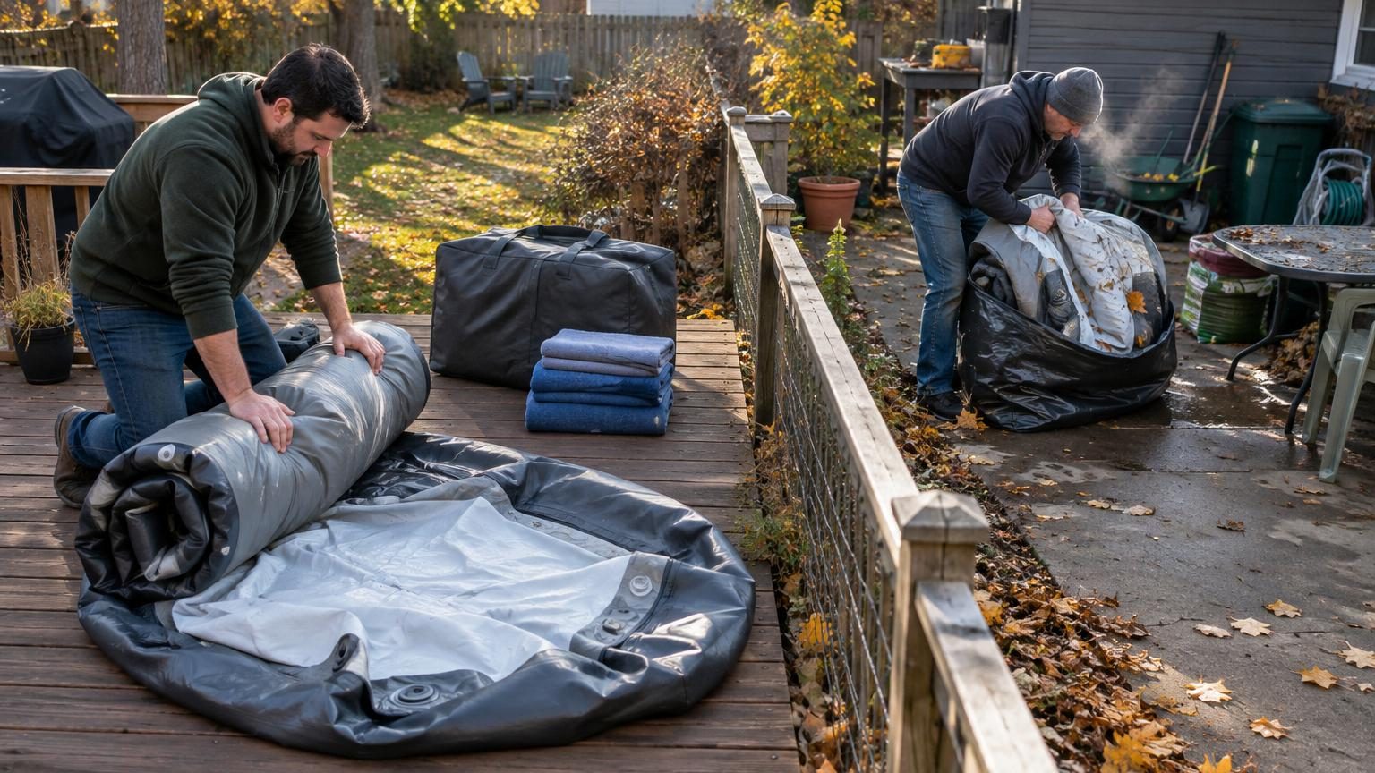 Deux bassins spa gonflables gris encore tièdes en fin d'automne, l'un étant plié soigneusement et l'autre rangé sans soin, sur un trottoir avec des feuilles mortes et une terrasse en arrière-plan.