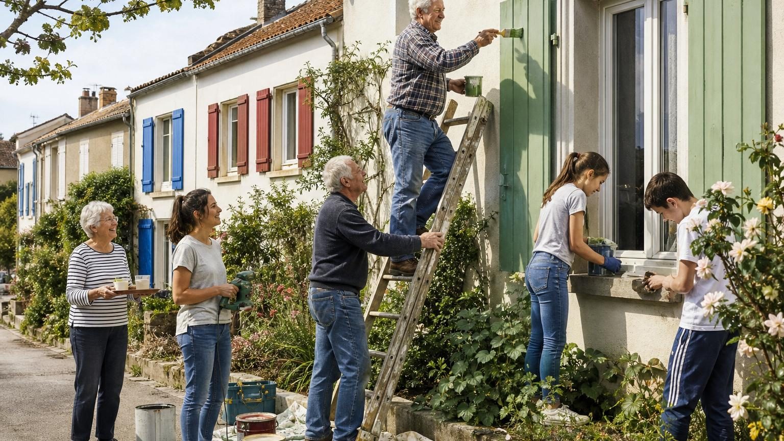 Deux hommes retraités peignent des volets verts sur une petite maison d'un lotissement, escabeau et matériel de peinture visibles, pendant qu'une voisine regarde depuis sa porte.