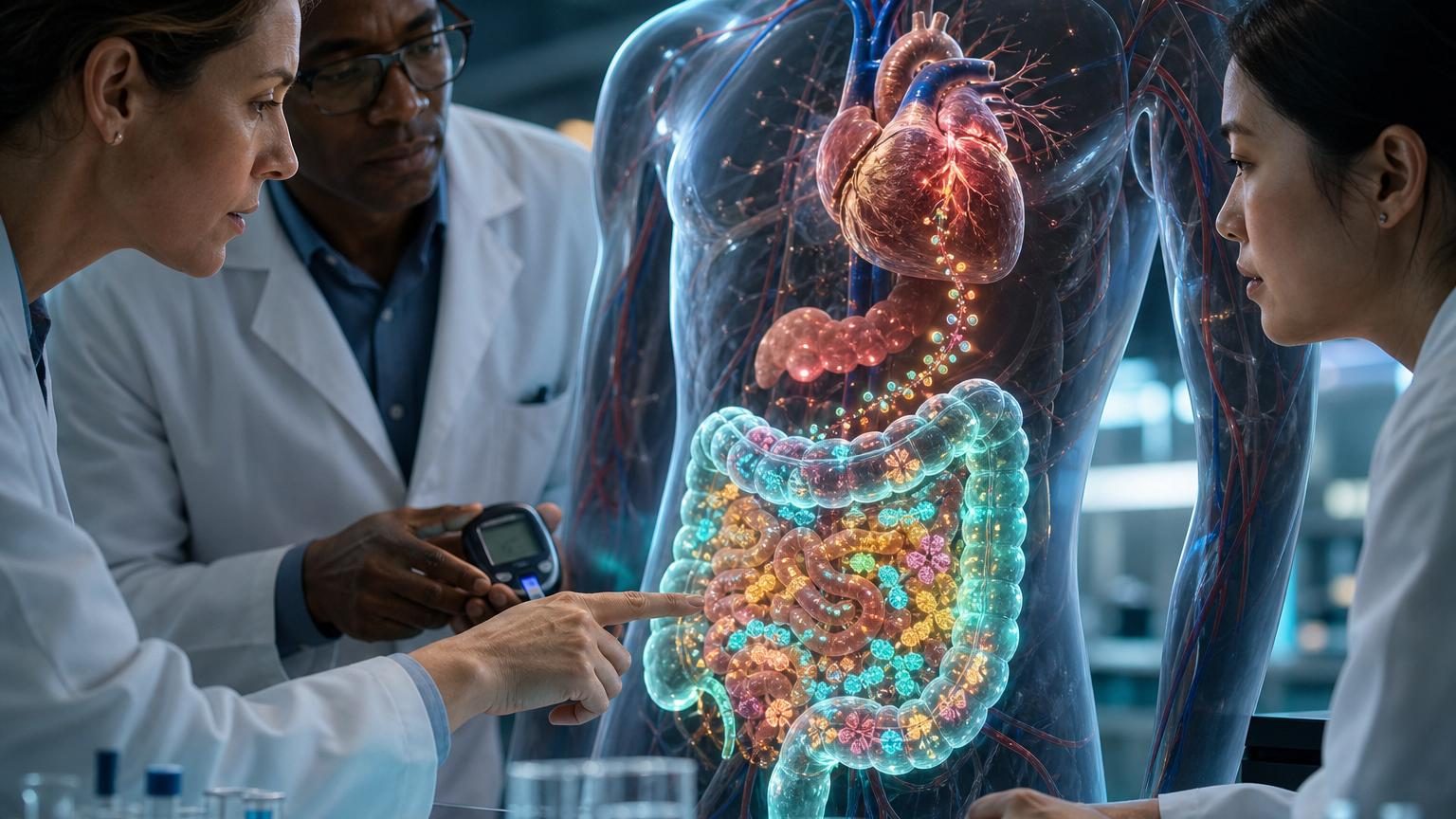 Illustration médicale montrant l'intestin et ses bactéries microscopiques en lien avec le cœur, symbolisant la connexion entre microbiote intestinal et santé cardiovasculaire chez les patients diabétiques.