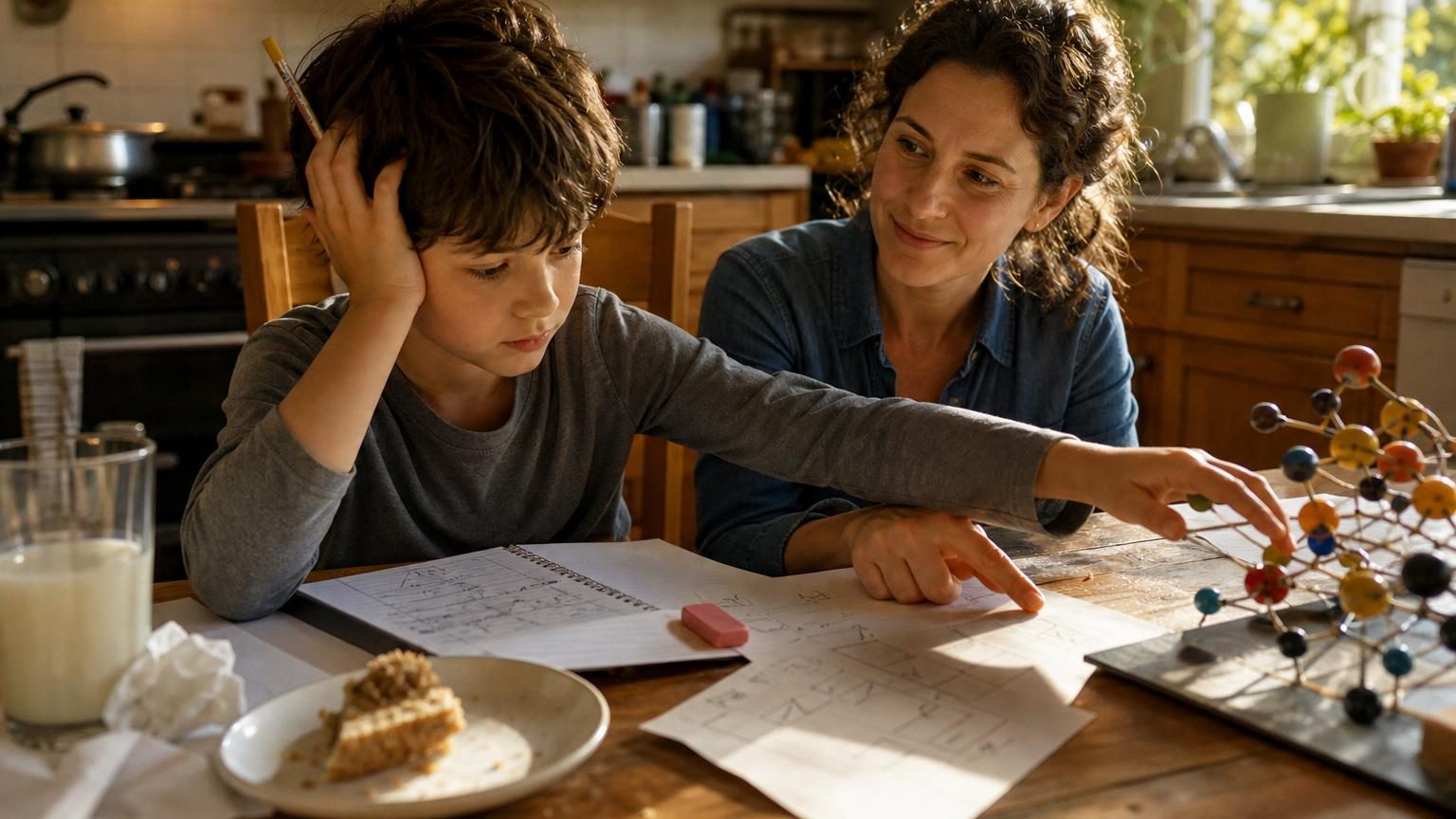 Un enfant assis à une table de cuisine avec un devoir, un verre de lait et des miettes de pain, levant les yeux avec fierté après avoir trouvé une réponse.