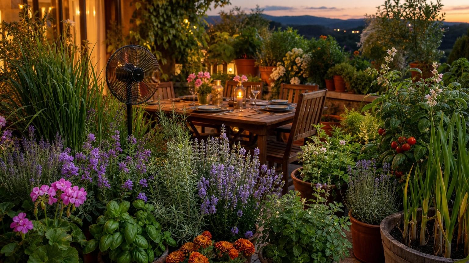 Terrasse fleurie au coucher de soleil avec pots de citronnelle, basilic, lavande et autres plantes aromatiques disposées autour d'une table d'extérieur.