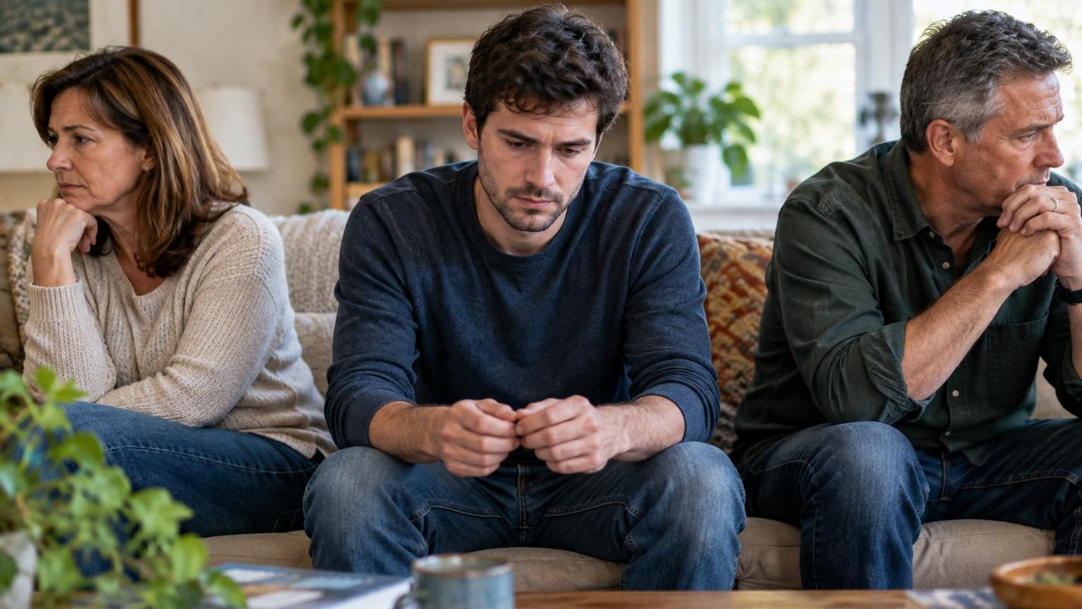 Illustration conceptuelle montrant une famille divisée avec parents séparés et enfant pensif, évoquant l'impact psychologique des tensions familiales.