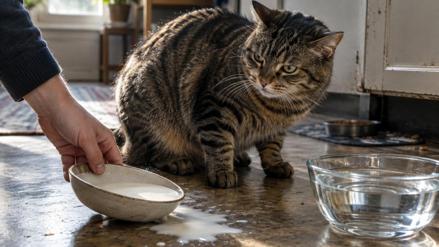 Chat adulte regardant une soucoupe de lait, avec des symboles d'inconfort digestif ou un point d'interrogation