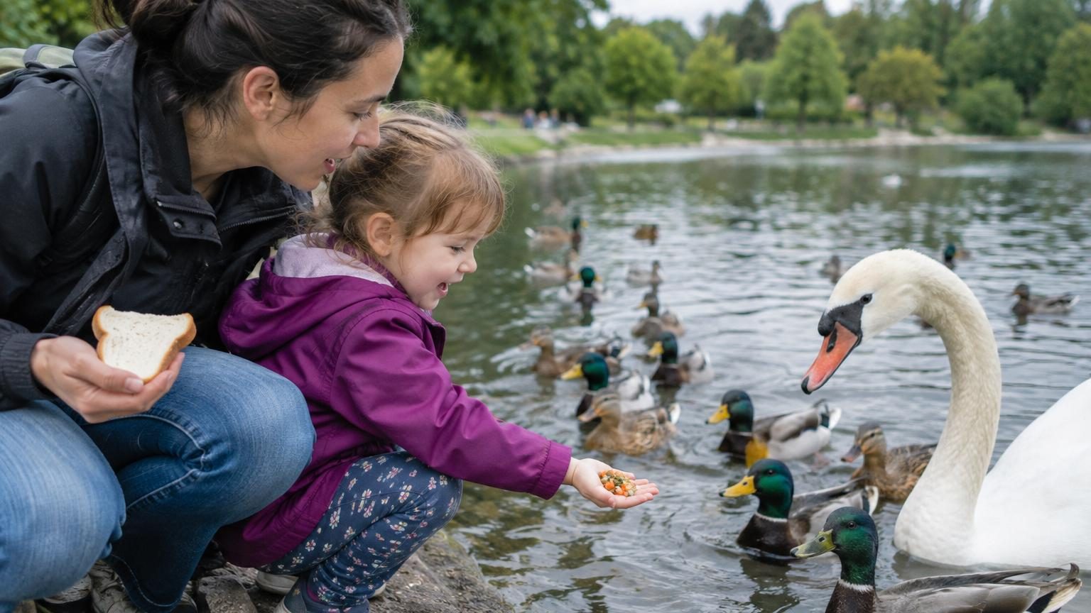 Famille au bord d'un étang donnant du pain à des canards et des oies qui nagent dans l'eau.