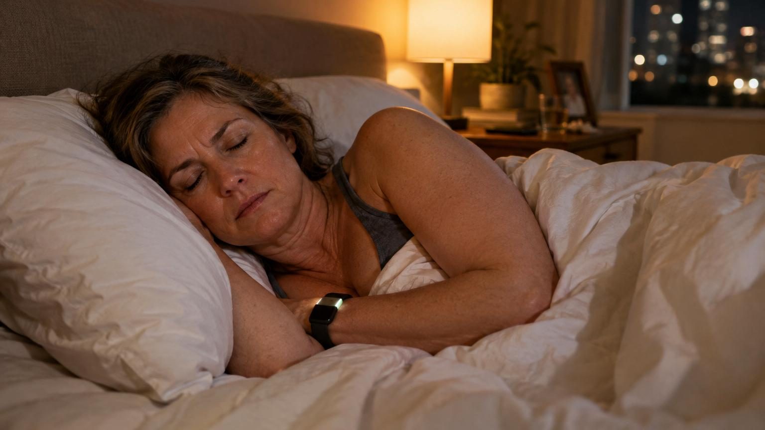 Chambre sombre avec une personne dormant dans un lit, lit illuminé par une faible lueur de lumière ambiante provenant d'une lampe de chevet ou d'une fenêtre.