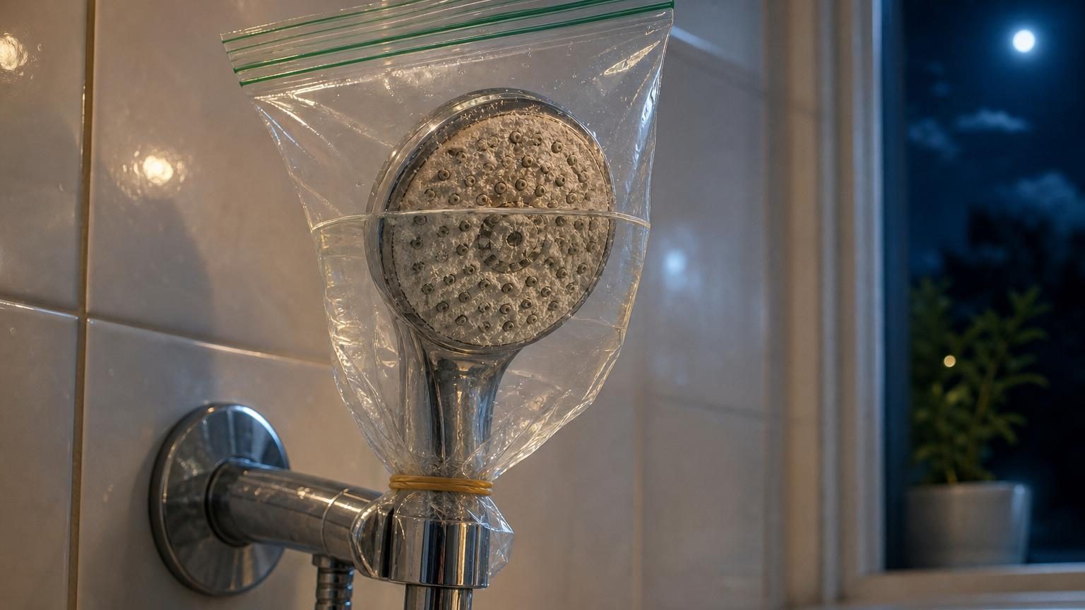 Gros plan sur un pommeau de douche blanc avec des dépôts de calcaire visibles, partiellement immergé dans un sac plastique transparent contenant un liquide clair, maintenu par un élastique autour du flexible de douche.