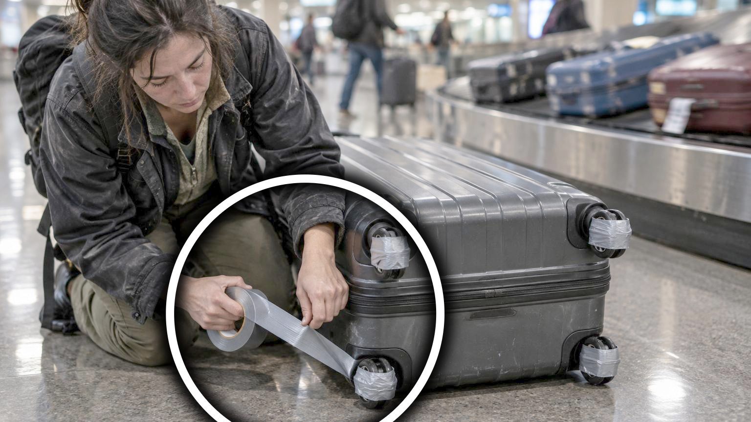 Valise couchée sur le côté avec ruban adhésif gris enroulé autour de ses quatre roulettes, montrant la technique de protection avant un vol.