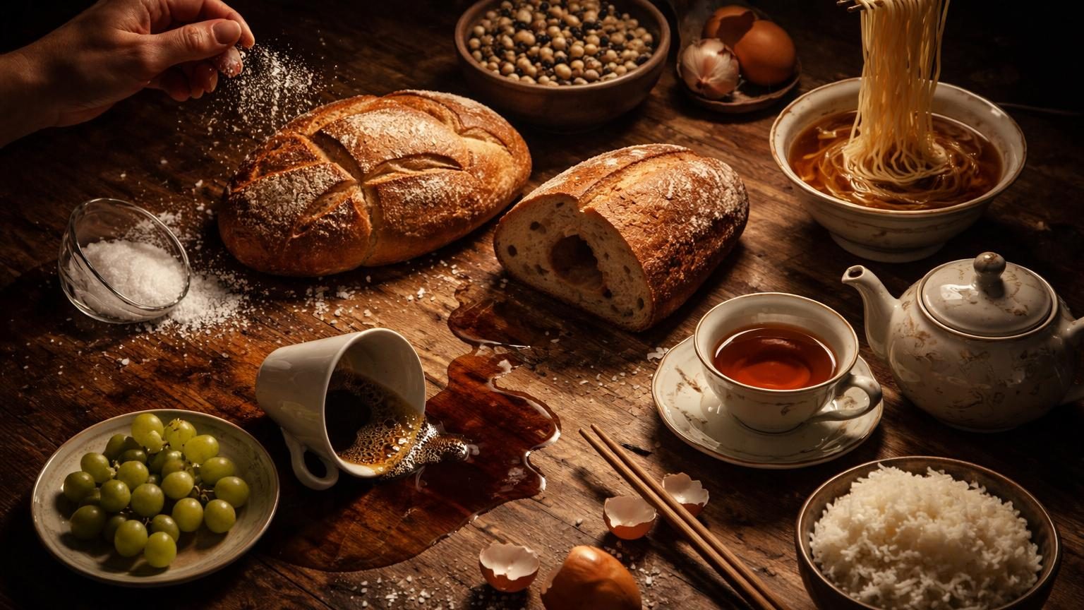 Collage d'aliments symboliques : raisins noirs, grains de riz blanc, baguettes de bois croisées, pain de mie, oignons, coquilles d'œuf cassées et sel répandu, illustrant les superstitions culinaires mondiales.