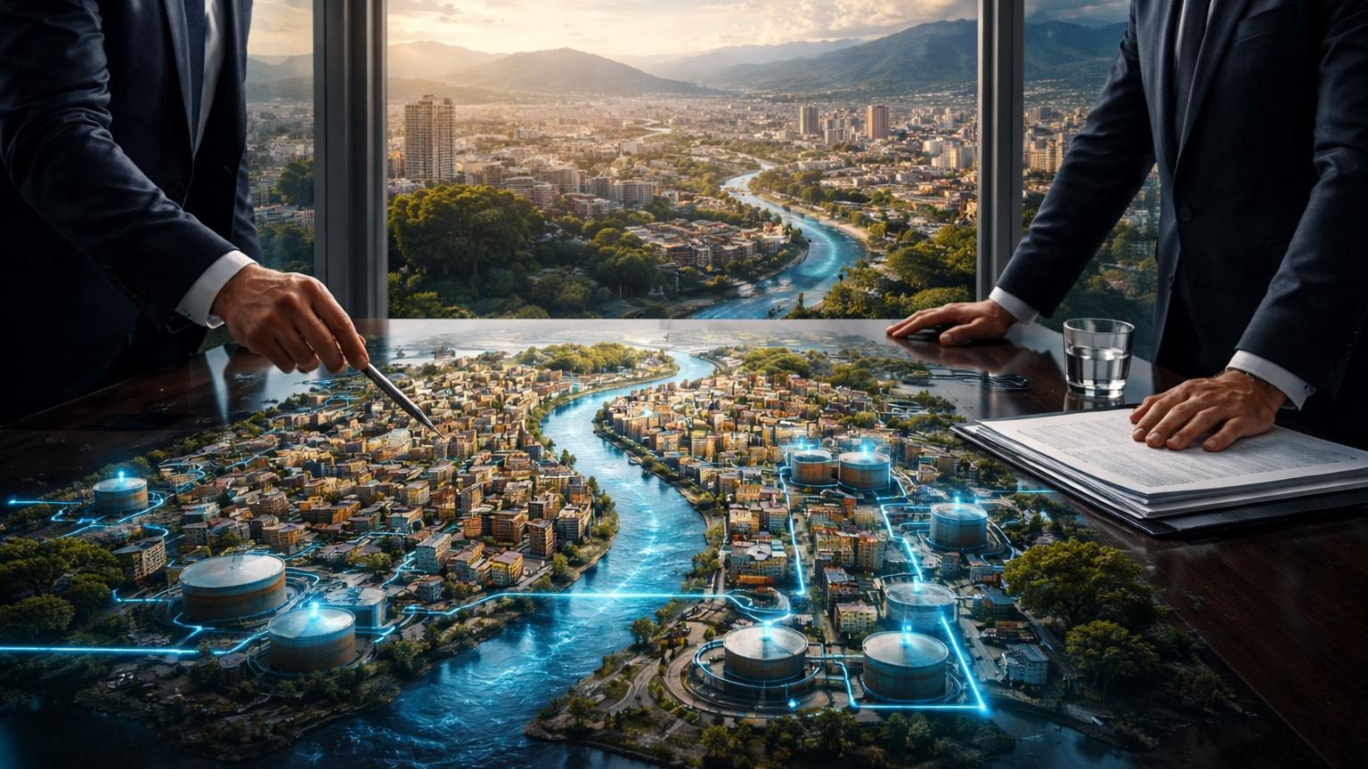 Illustration symbolisant l'affrontement entre deux géants français de l'eau, Veolia et Suez, avec en arrière-plan la ville de Cúcuta en Colombie et ses infrastructures hydrauliques.