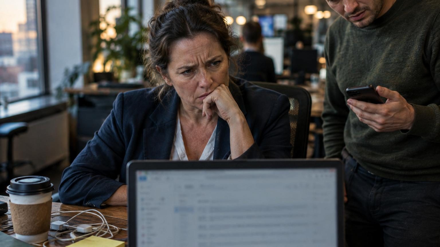 Écran d'ordinateur affichant une boîte de réception avec plusieurs messages, certains soulignés ou surlignés, symbolisant les habitudes d'e-mail problématiques.