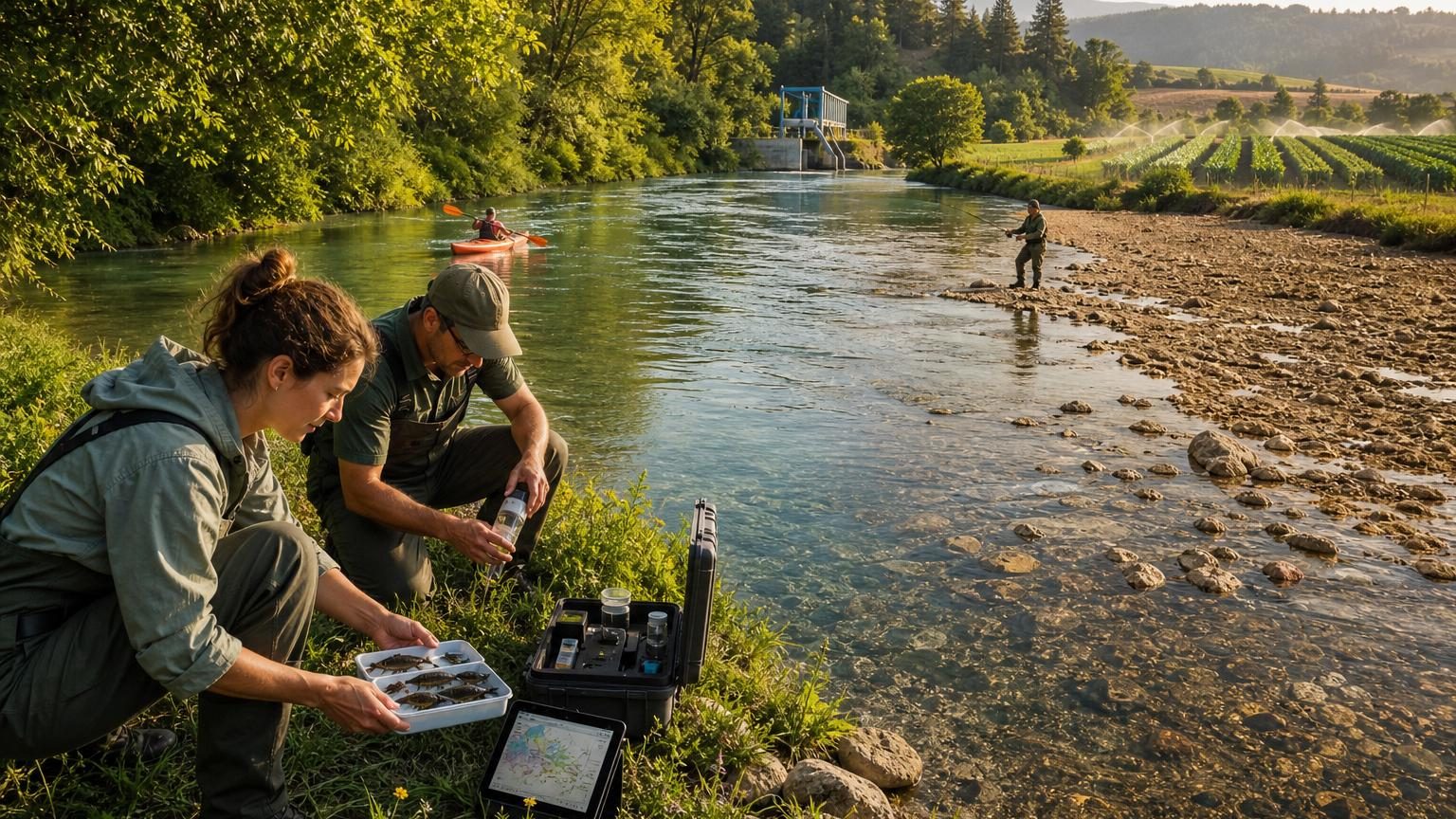 Berge de rivière au petit matin avec herbes humides, pêcheur avec sa ligne et station de pompage en arrière-plan alimentant le village