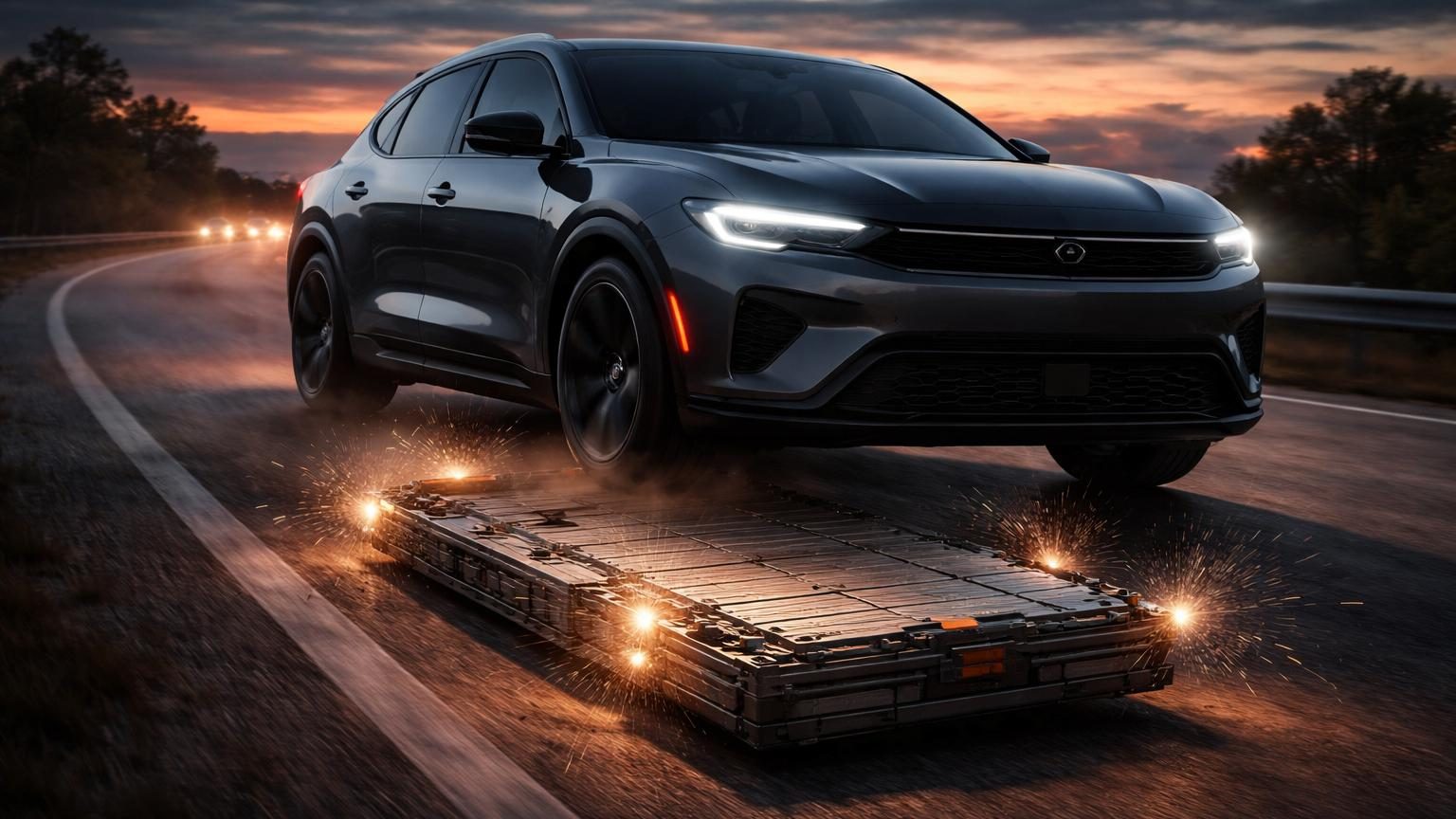 Schéma conceptuel d'un système de largage de batterie de voiture électrique avec fixations pyrotechniques, montrant le pack batterie se séparant du châssis du véhicule