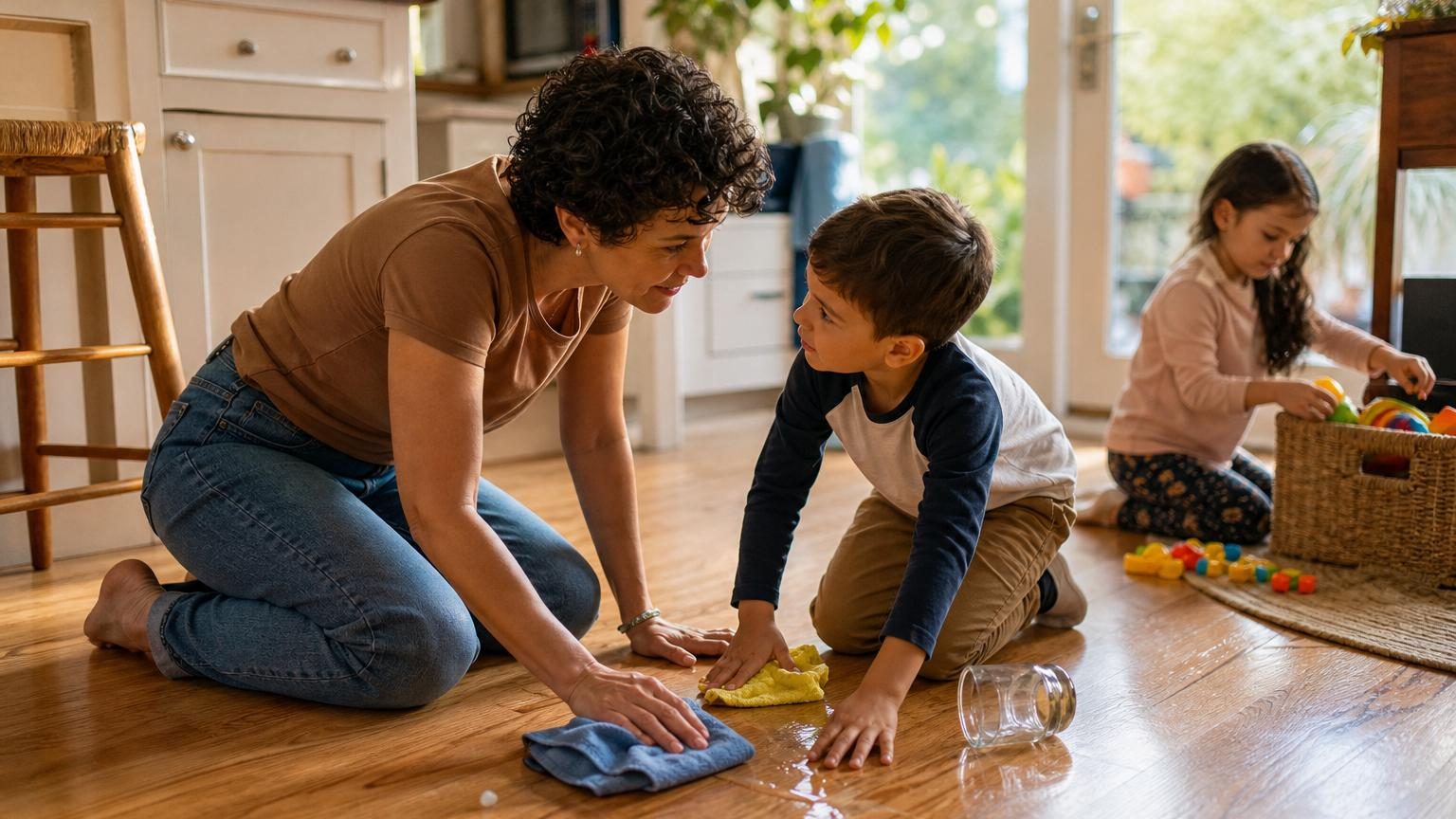 Parent et enfant assis ensemble, échangeant calmement dans un environnement familial bienveillant sans signes de punition ou de récompense visible.