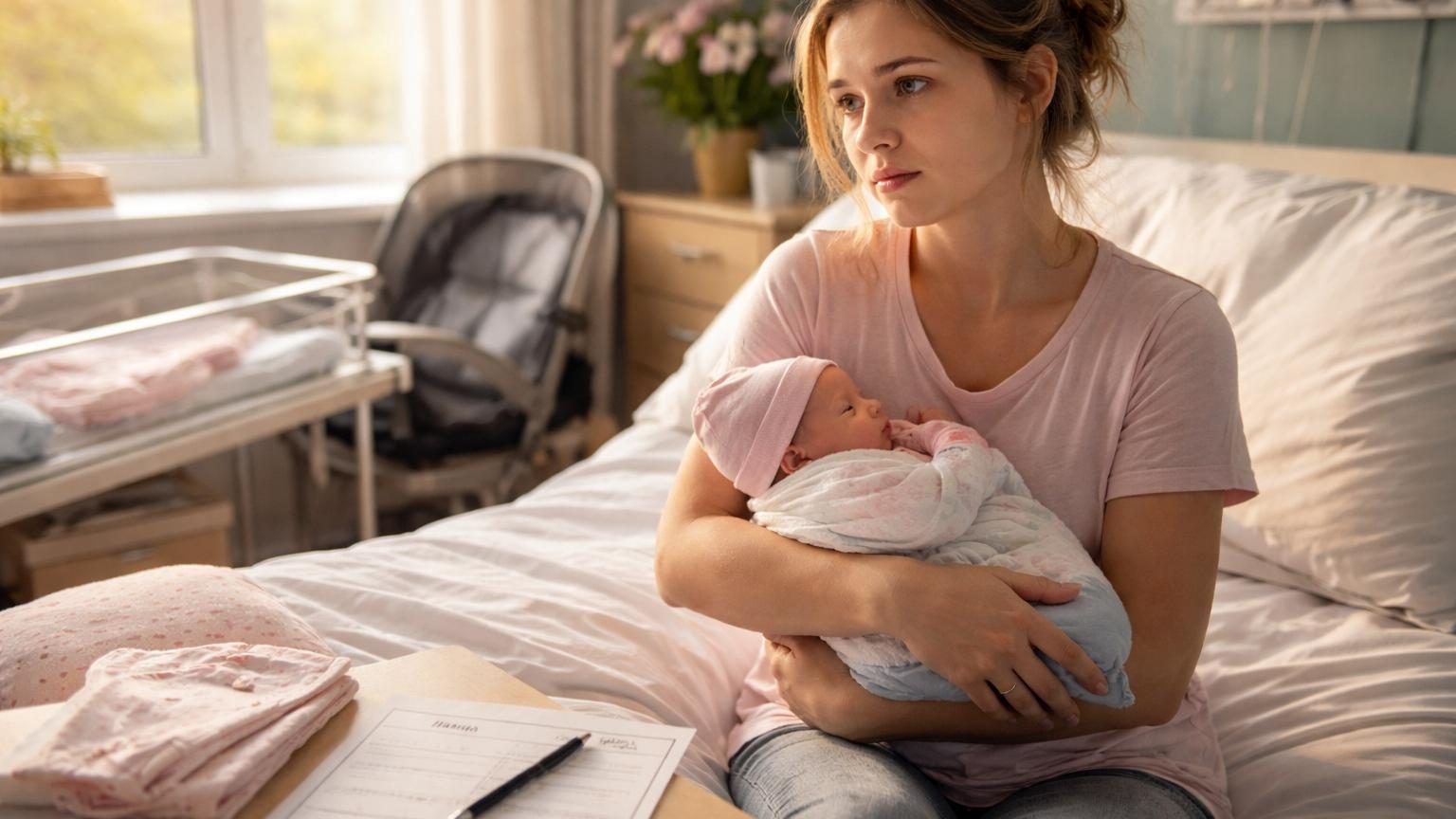 Une jeune mère tenant son bébé nouveau-né à l'hôpital, avec une expression de doute ou de réflexion, évoquant la maternité et le choix du prénom.