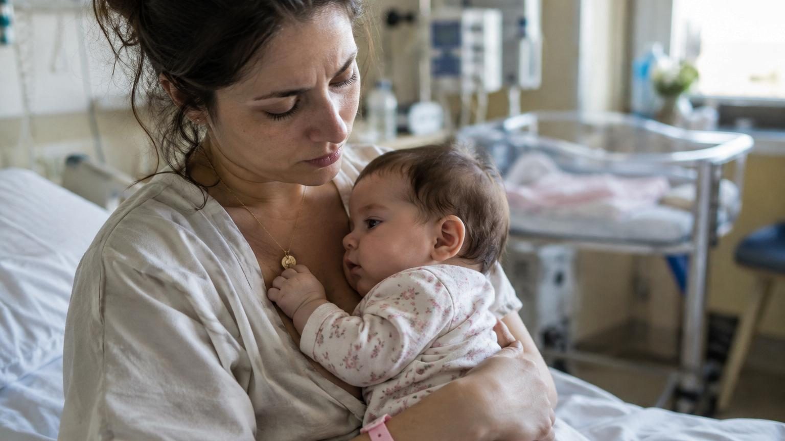 Une jeune mère fatiguée à la maternité remplit des formulaires administratifs pendant que du personnel médical attend sa décision, symbolisant la pression du choix du prénom en urgence.