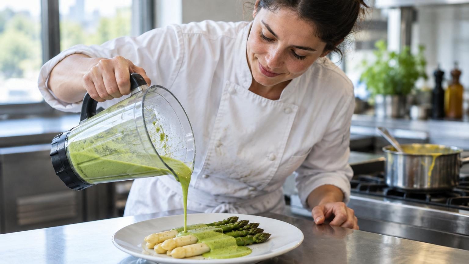 Asperges blanches ou vertes fraîchement cuites, nappées d'une sauce crémeuse brillante et perlée, parsemées de persil frais ciselé, présentées sur une assiette élégante.