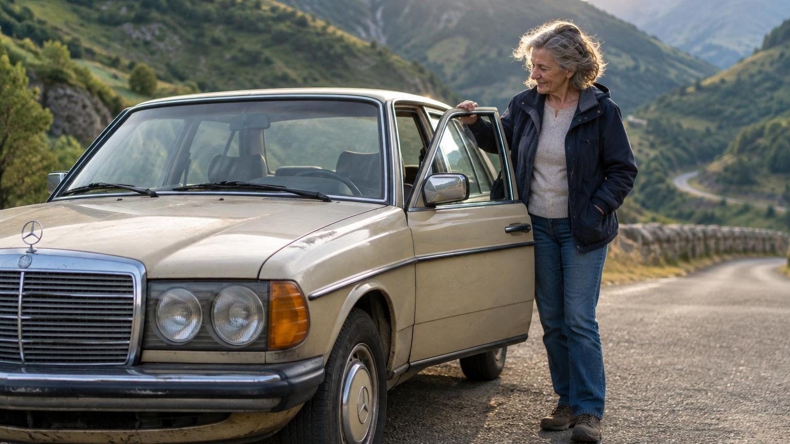 Femme au volant d'une Mercedes 200 D de 1985, berline grise robuste, sur une route de montagne des Pyrénées avec paysage montagneux en arrière-plan