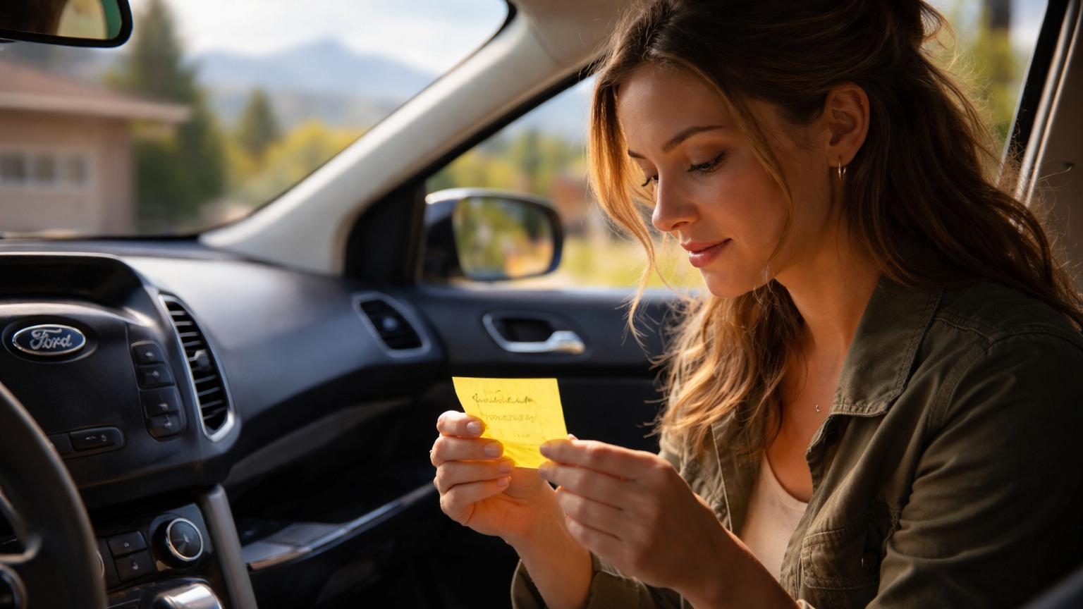 Gros plan d'un post-it manuscrit collé dans une voiture, contenant un message personnel d'une ancienne propriétaire adressé aux nouveaux acquéreurs