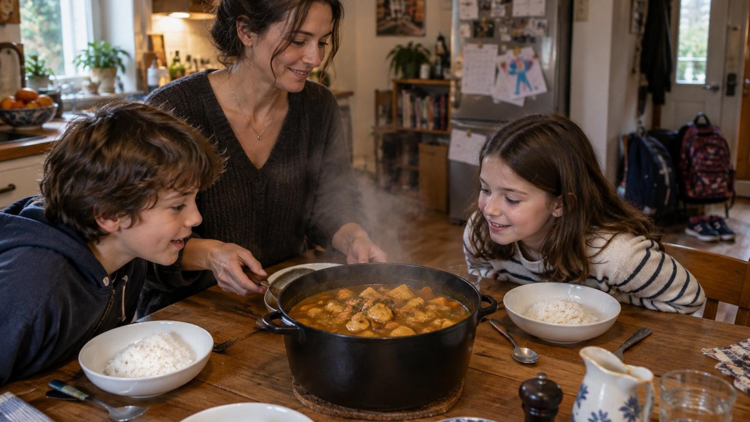 Une cocotte en fonte fumante remplie de curry japonais au poulet posée au milieu d'une table de famille avec des assiettes de riz blanc, symbole d'un repas chaud et réconfortant du dimanche soir.