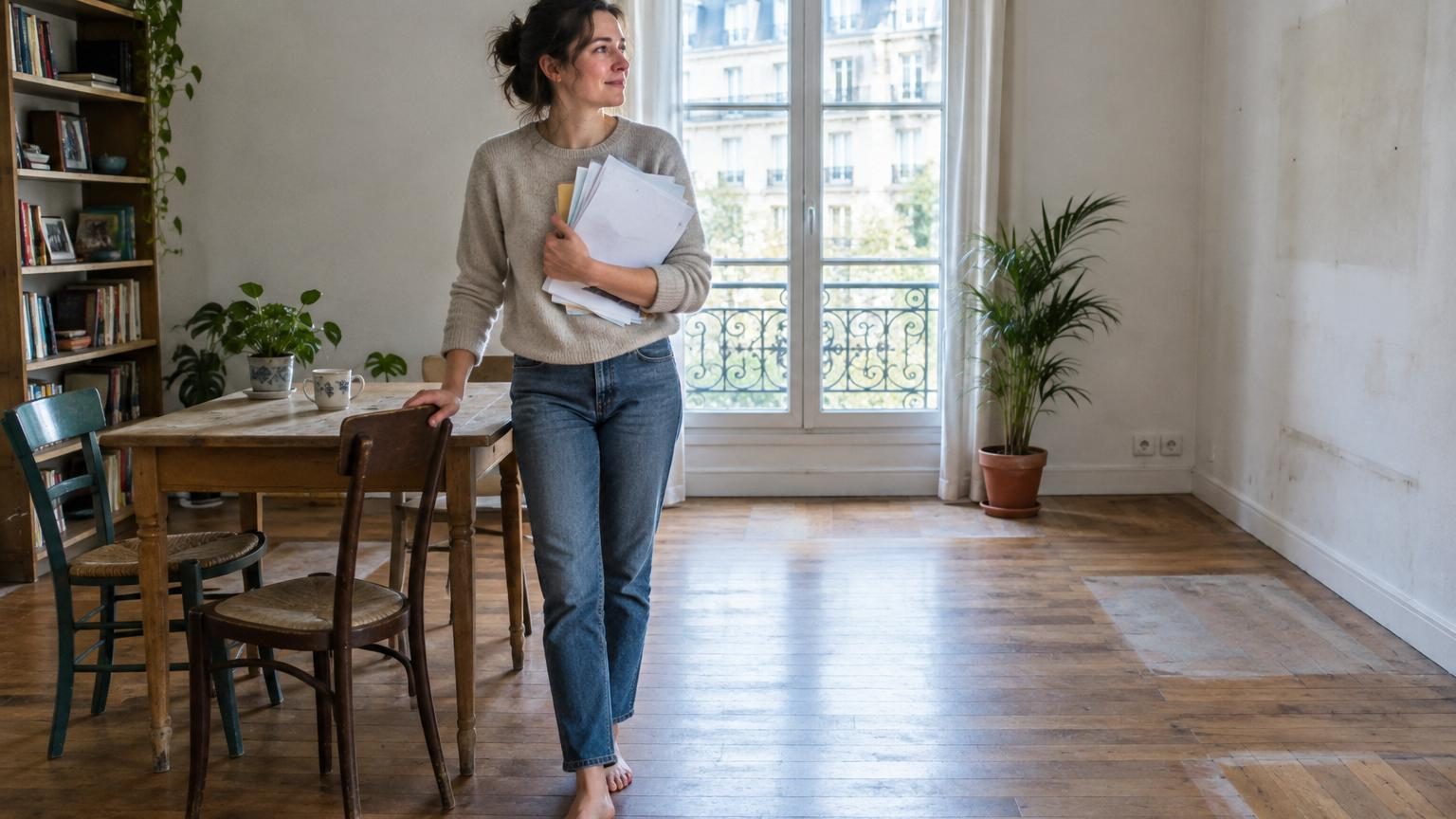 Intérieur minimaliste d'un appartement vide avec quelques meubles essentiels et une ambiance calme, contrastant avec le désordre initial