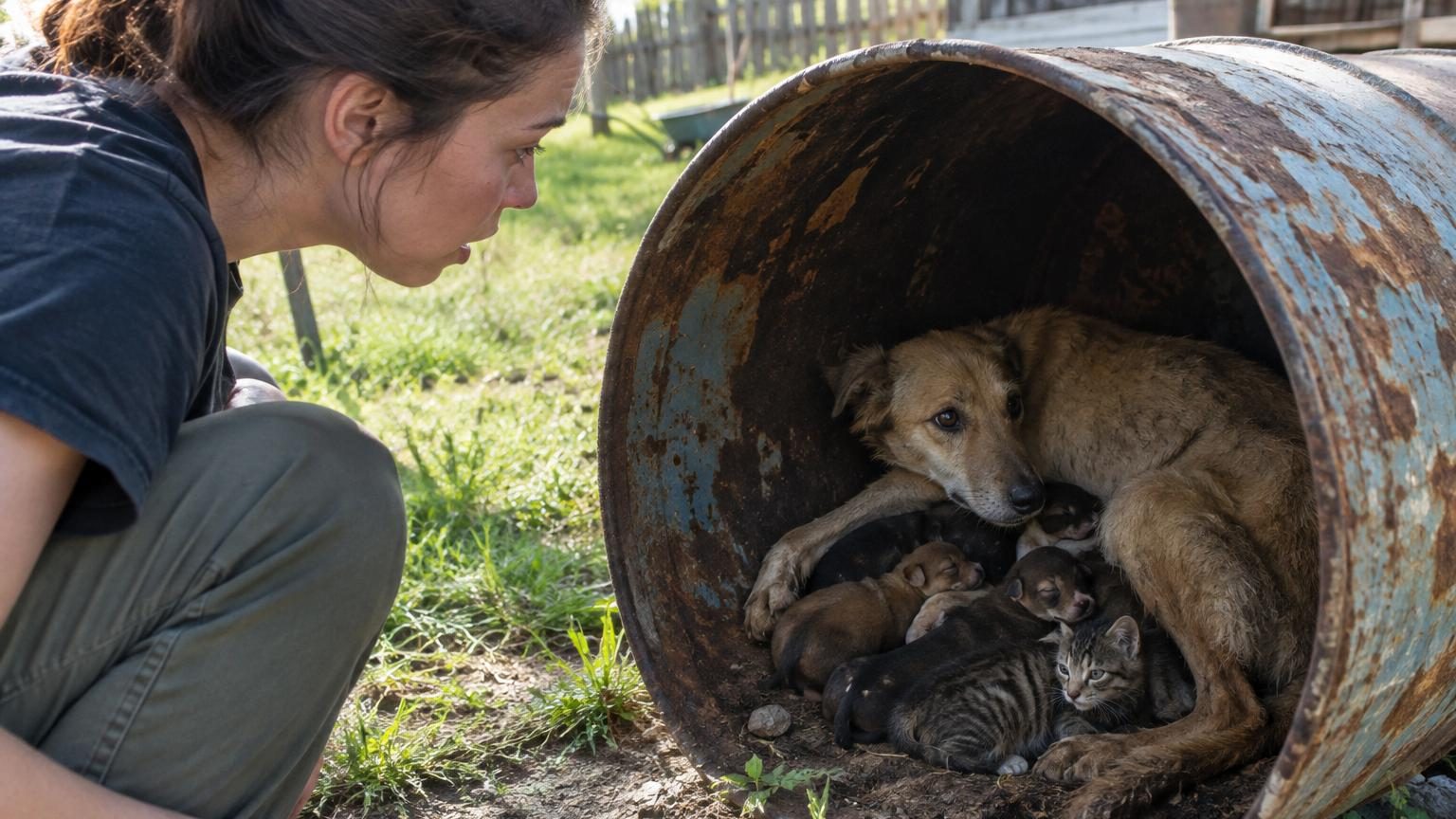 Une chienne errante avec quatre chiots et un chaton réunis dans un tonneau en métal couché, offrant un refuge improvisé à la portée mixte.