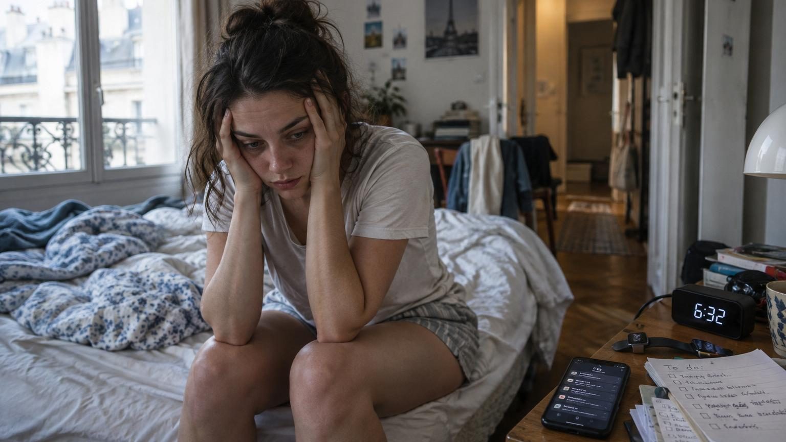 Femme au bureau entourée de notifications, énumérés, calendriers et listes de tâches flottantes symbolisant la charge mentale qui perturbe le sommeil réparateur.