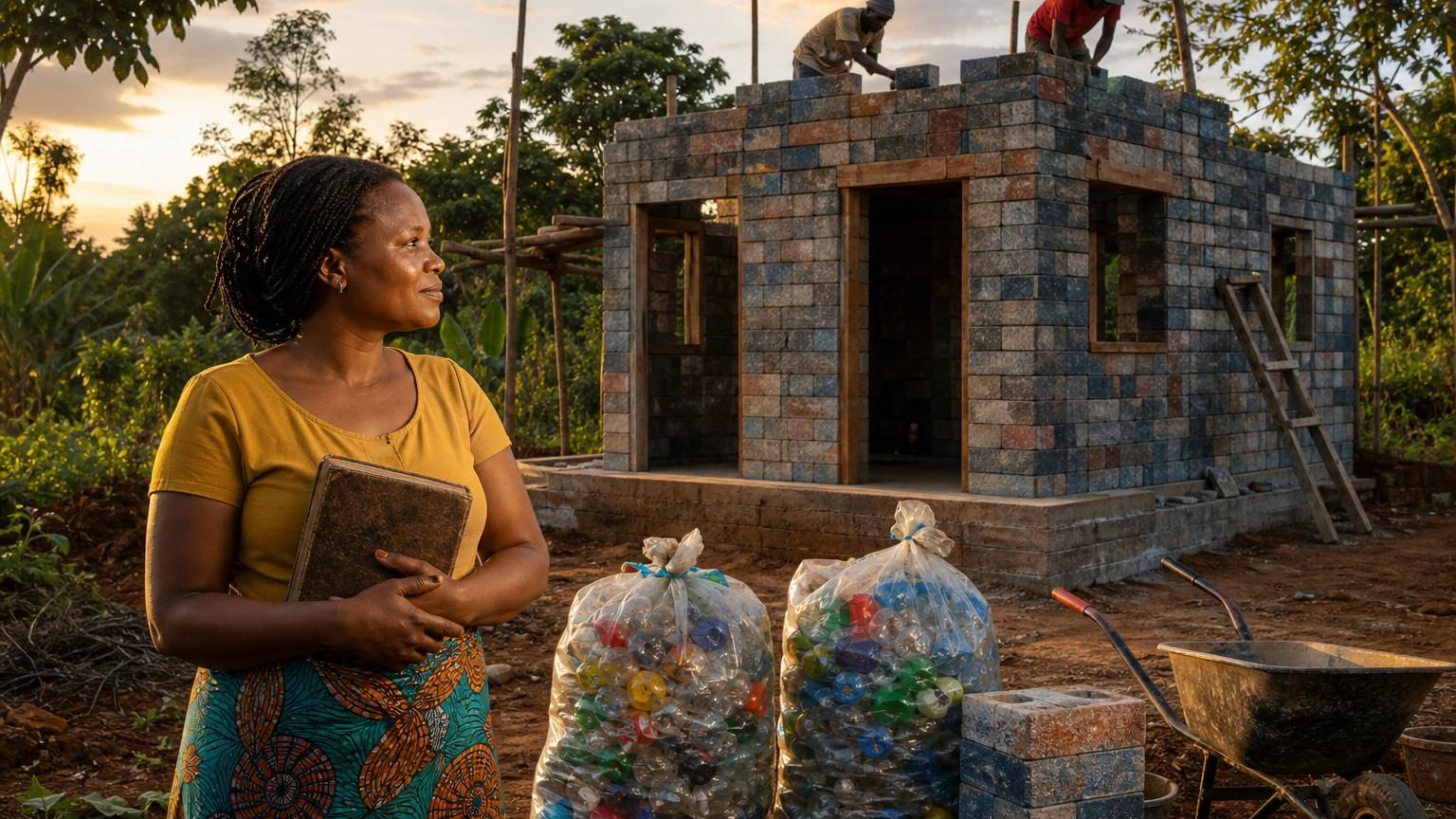 Une parcelle de terrain nu avec une fondation visible, symbolisant le début de la construction d'une maison écologique en blocs de plastique recyclé.