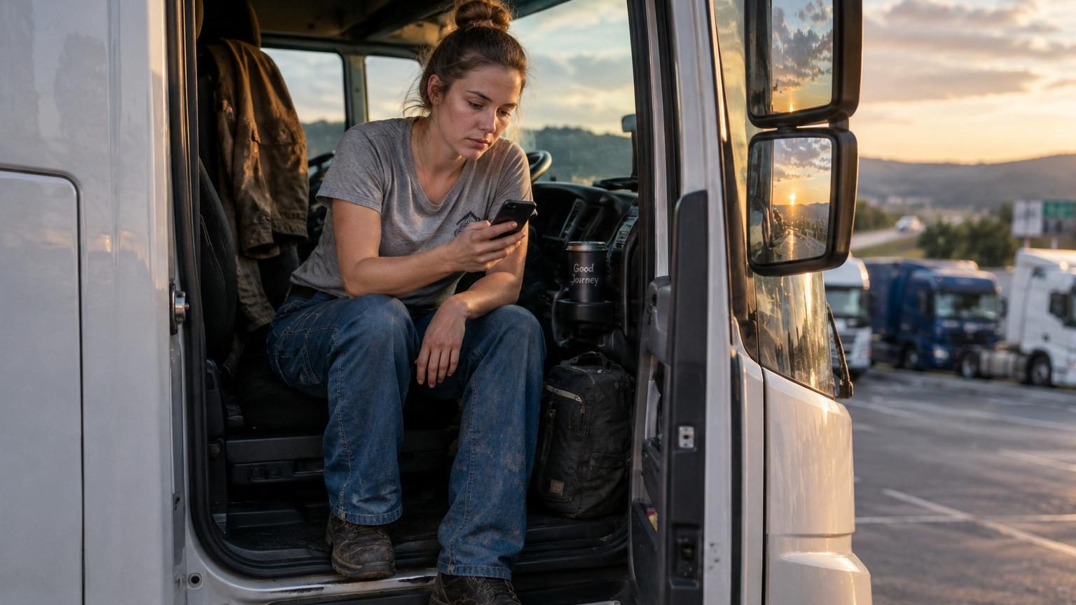 Femme routière inspectant sa remorque de camion la nuit sous les néons d'un parking routier, téléphone à la main avec notifications WhatsApp en attente.