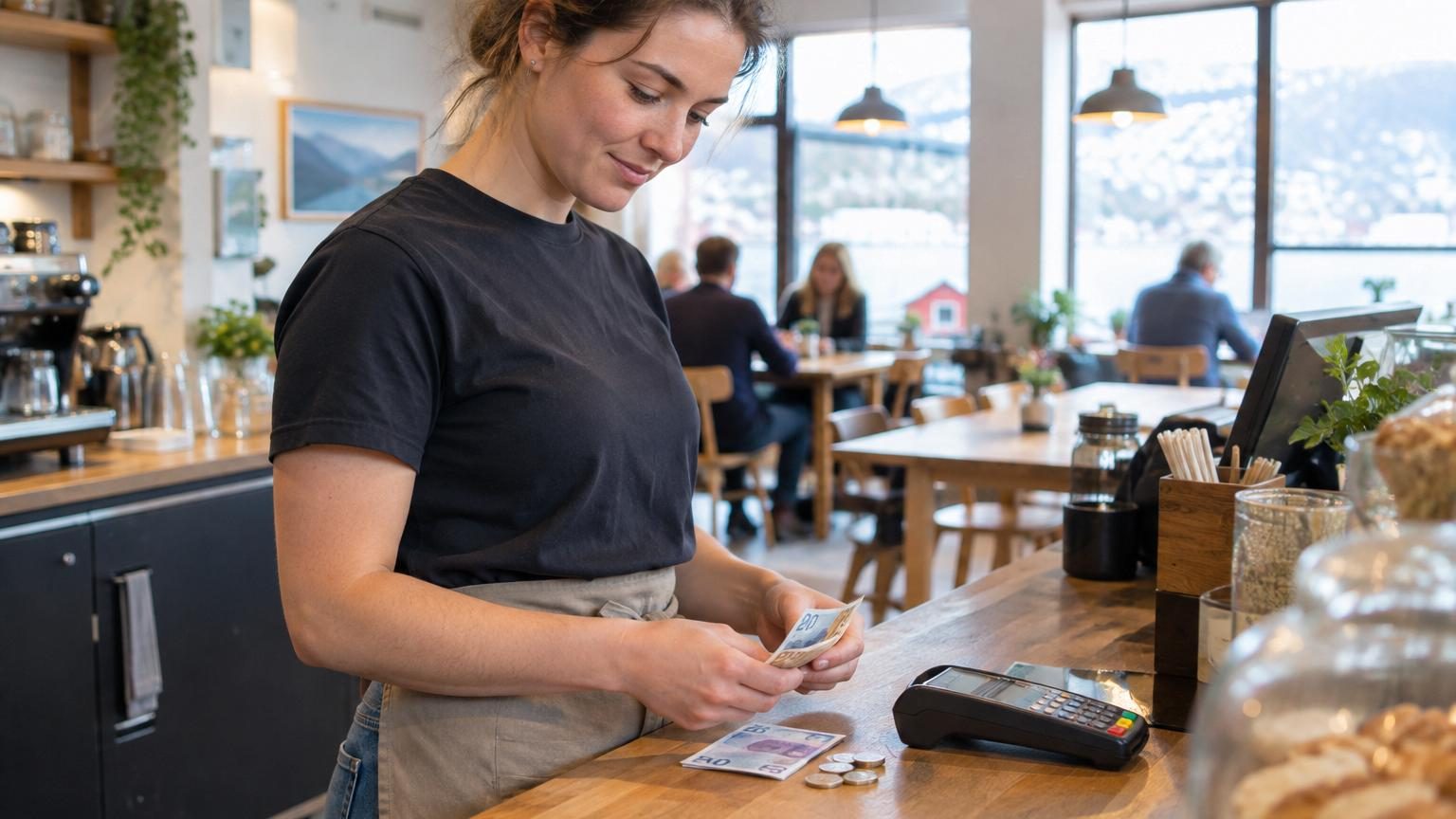 Jeune femme serveur en restaurant norvégien tenant un plateau avec des boissons, souriante, illustrant un environnement professionnel de restauration scandinave