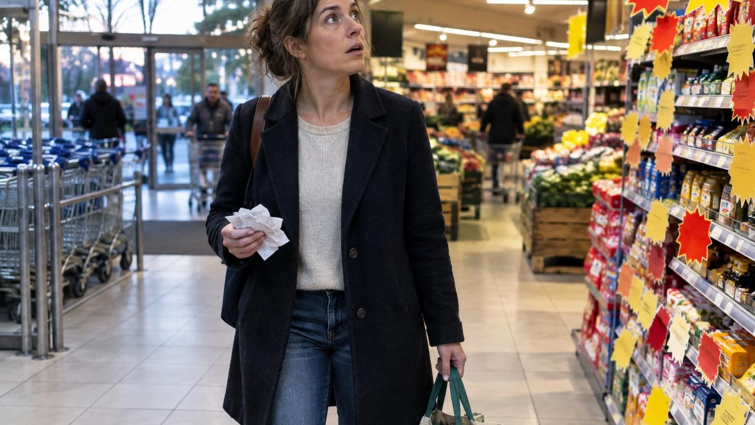 Une femme compare des tickets de caisse étalés sur une table, avec un surligneur à la main, visualisant ses dépenses mensuelles en produits alimentaires.