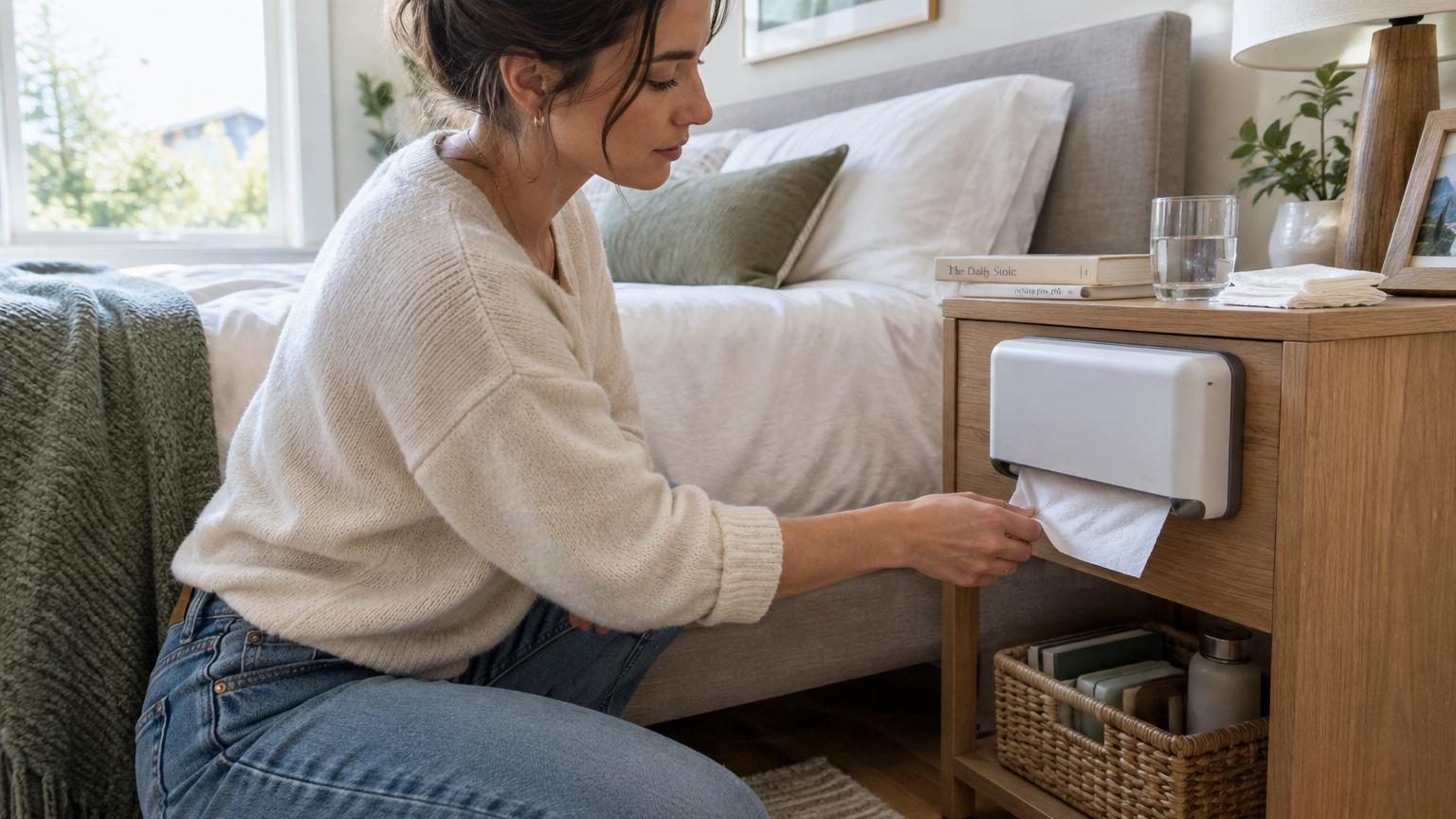 Elle installe un dérouleur d&rsquo;essuie-tout à côté de son lit : voici l&rsquo;astuce rangement qui met fin au désordre dans la chambre