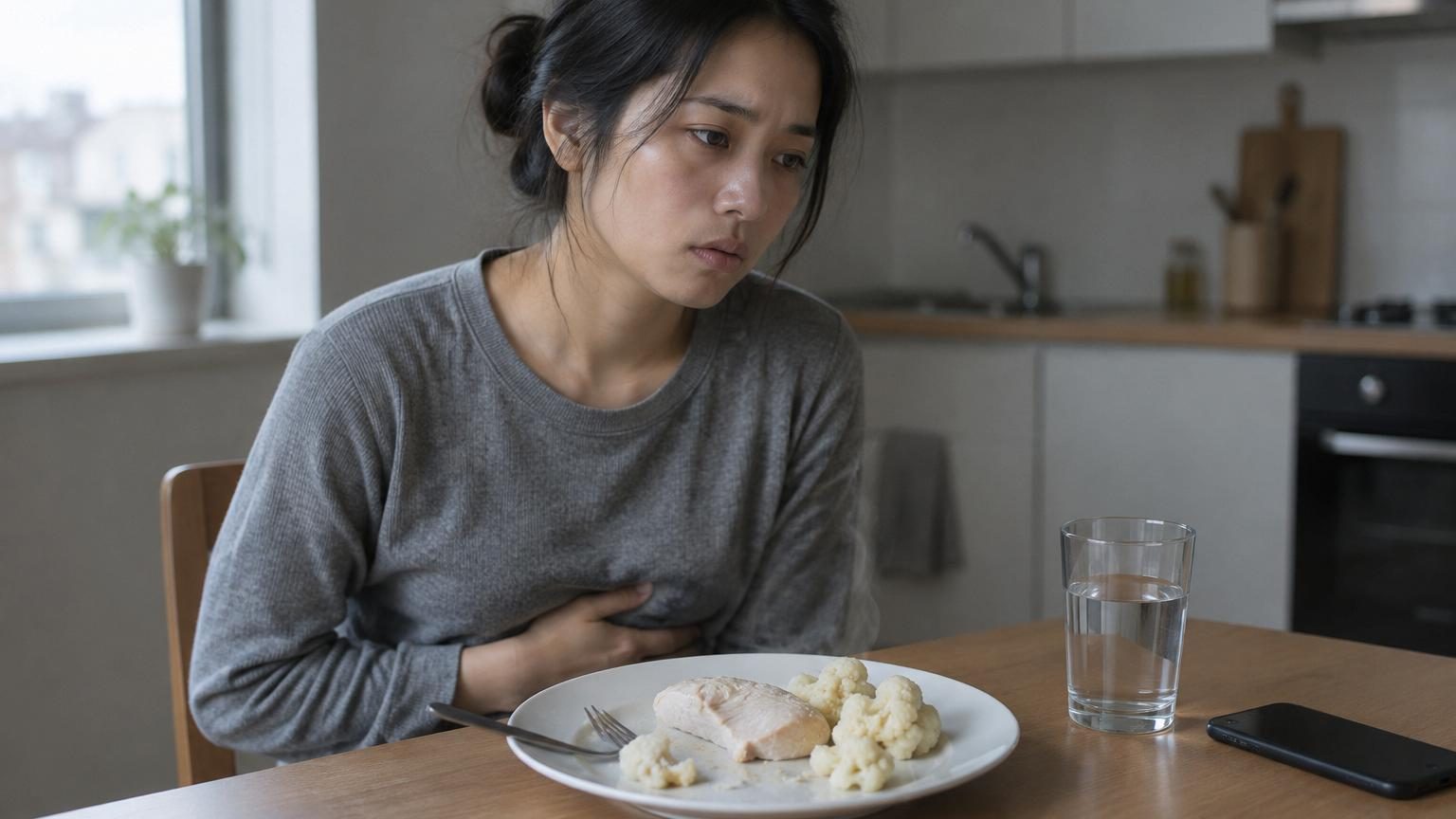 Jeune femme maigre assiette avec blanc de poulet bouilli et chou-fleur, symbolisant un régime ultra-restrictif et dangereux.